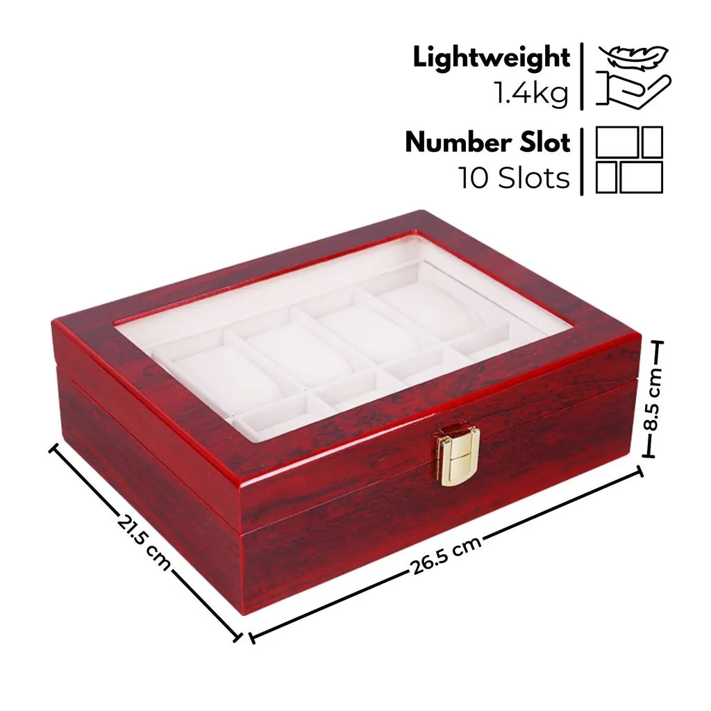 10 Slot Red Wood Watch Display Box with Glass Skylight