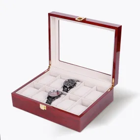 10 Slot Red Wood Watch Display Box with Glass Skylight