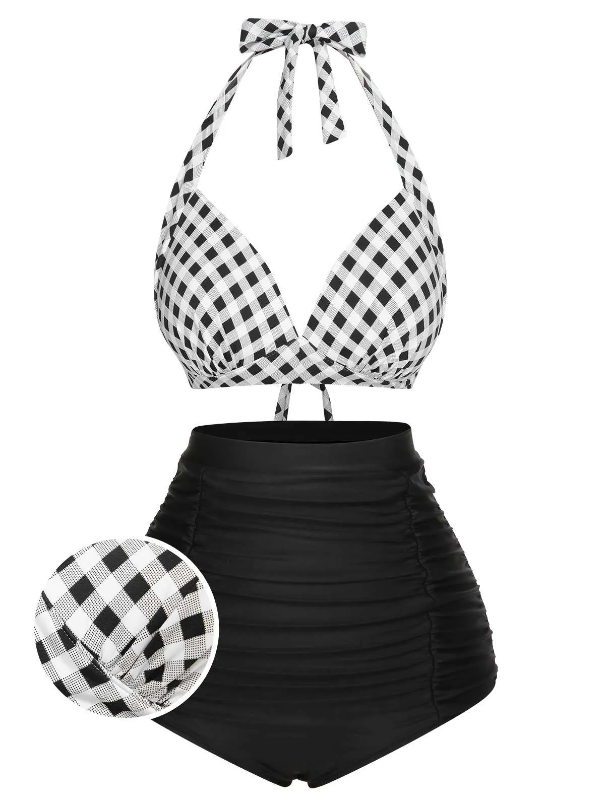 1950s Halter Plaids Lace-Up High Waisted Swimsuit