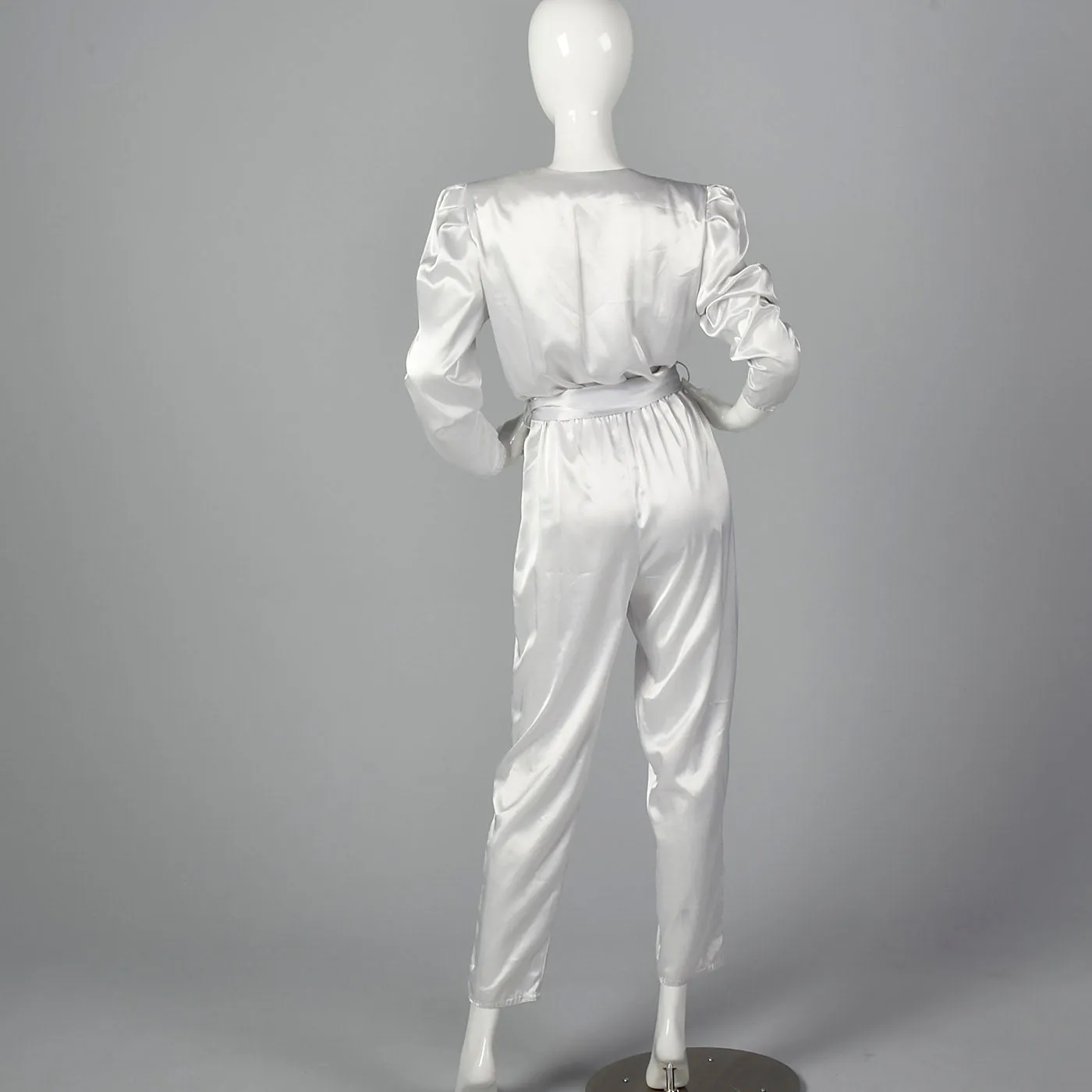 1980s Silky Silver Jumpsuit with Sash Belt