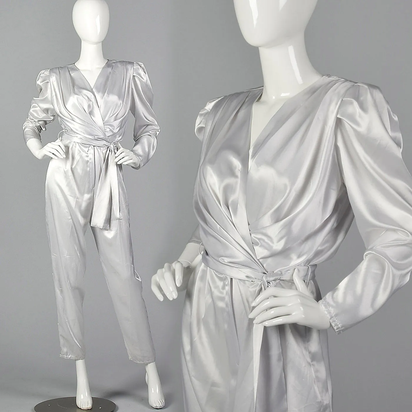 1980s Silky Silver Jumpsuit with Sash Belt