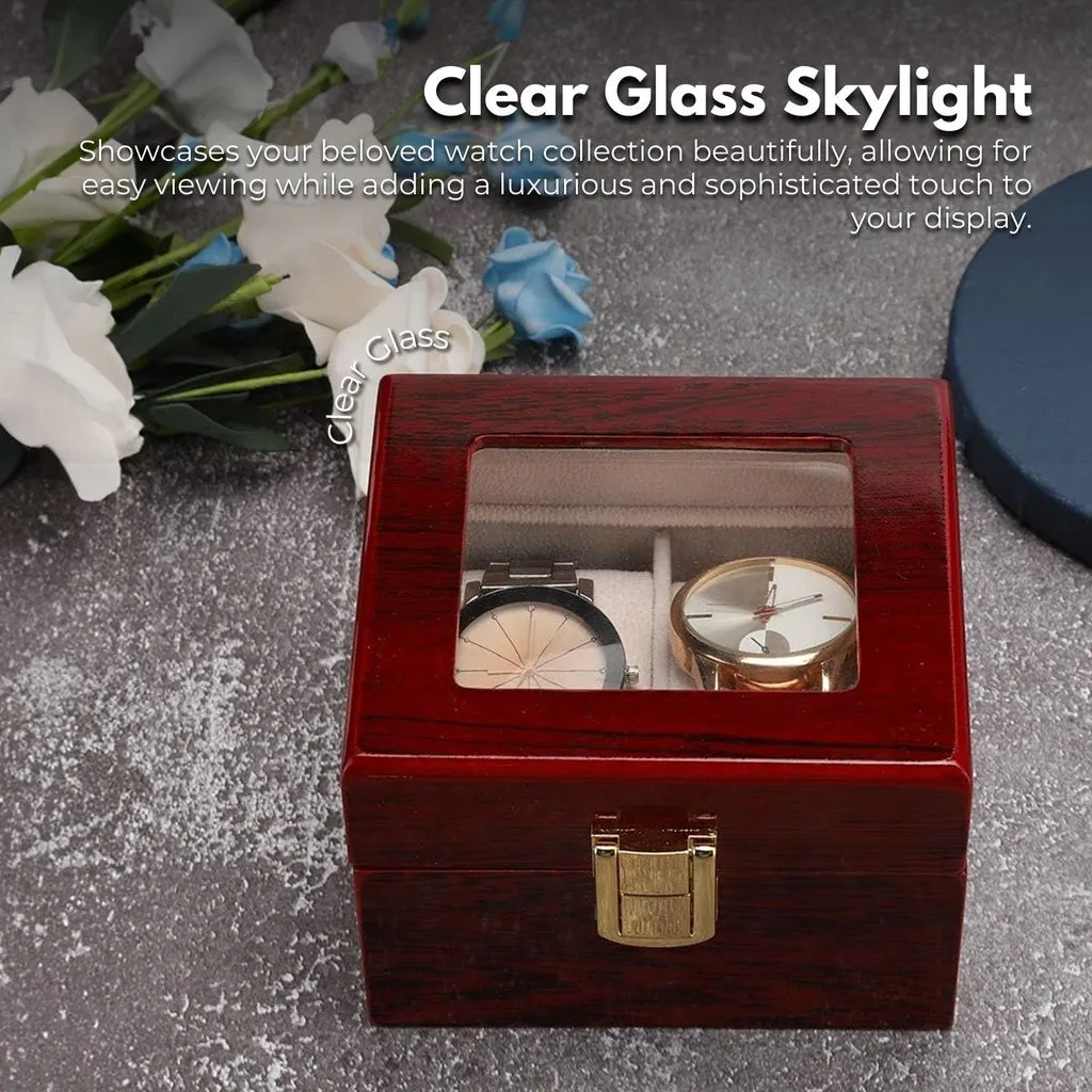 2 Slot Red Wood Watch Display Box with Glass Top