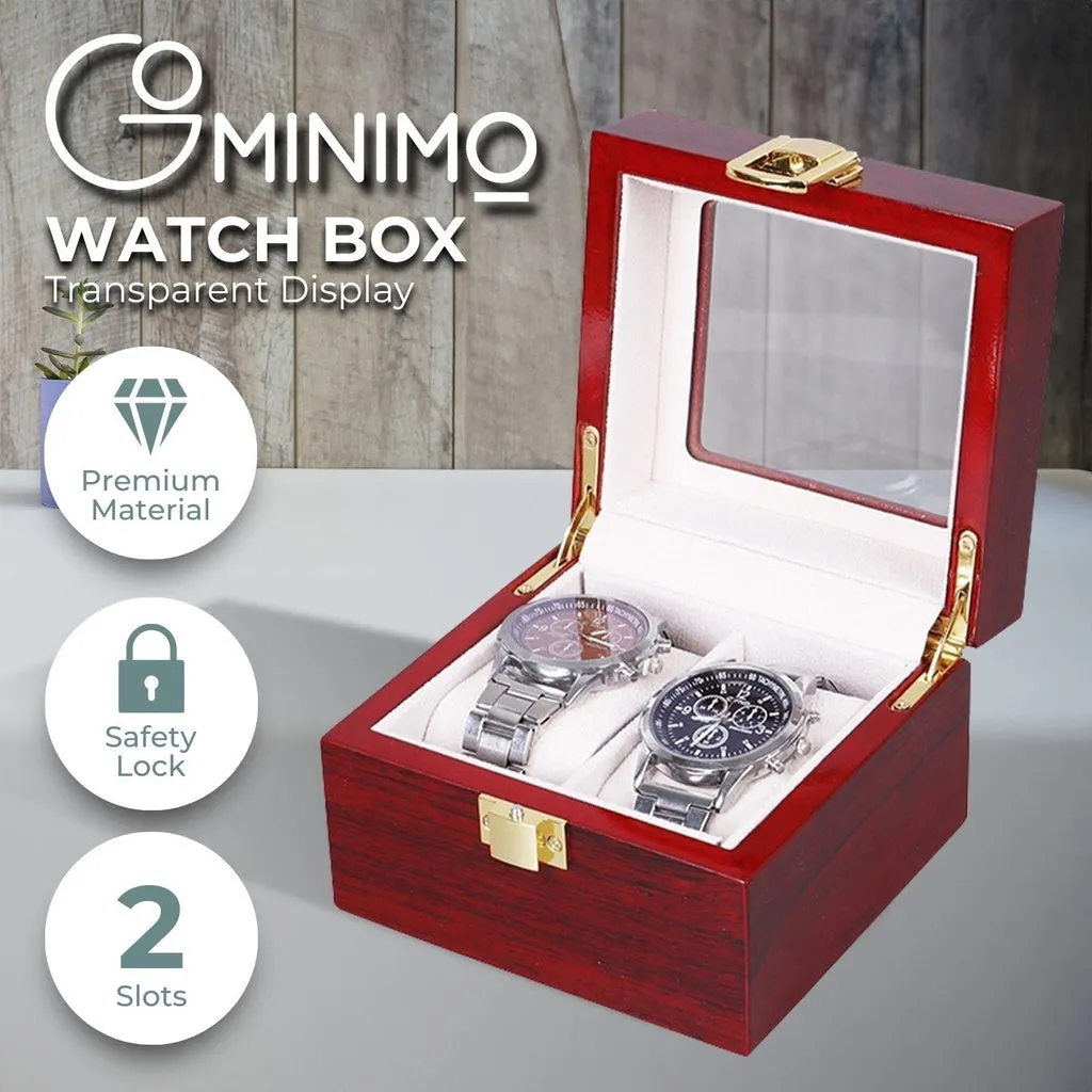 2 Slot Red Wood Watch Display Box with Glass Top