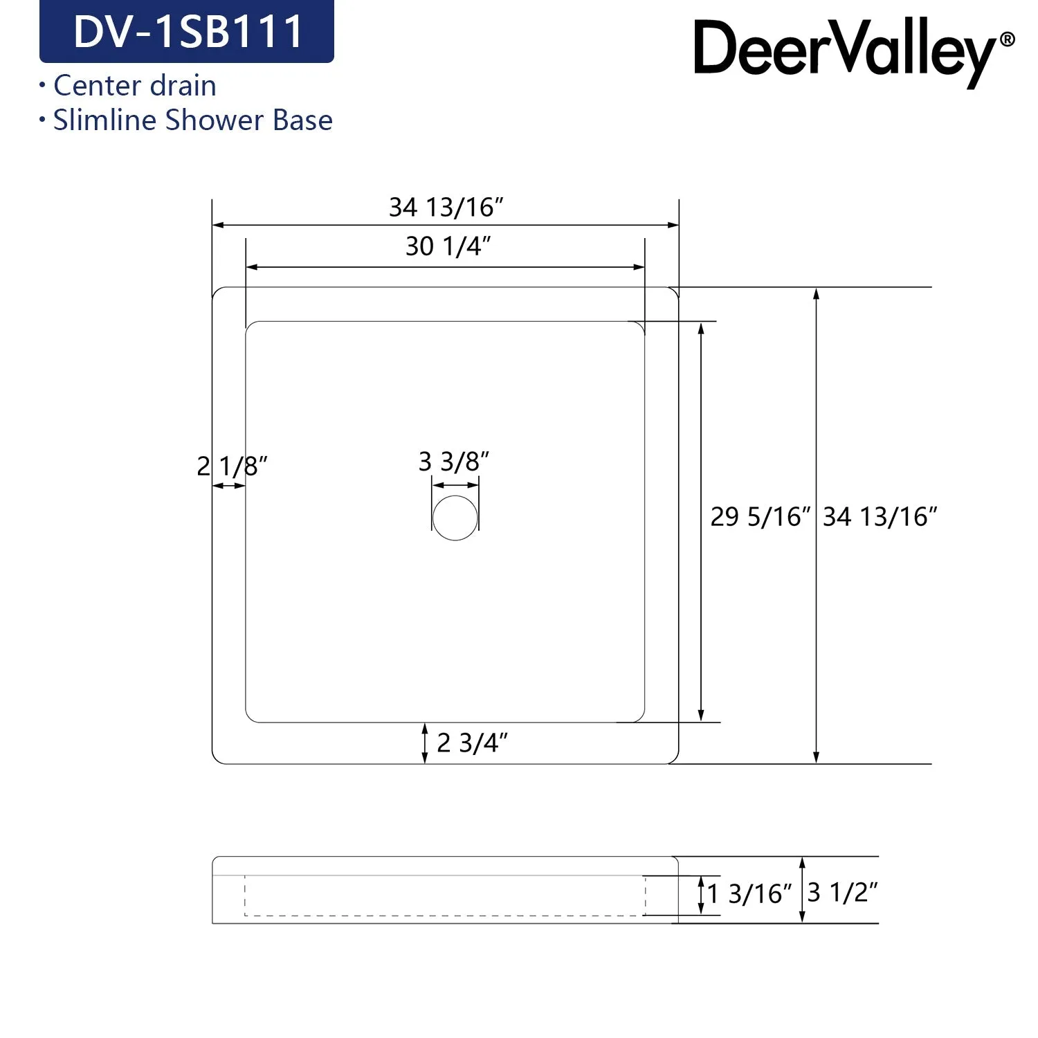 35" L x 35" W  Square Shower Base, Non-slip Design