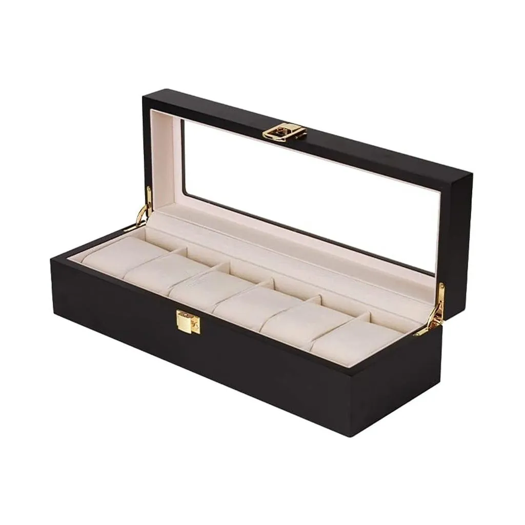 6 Slot Watch Display Box, High-Transparency Glass, Black Wood, Gominimo