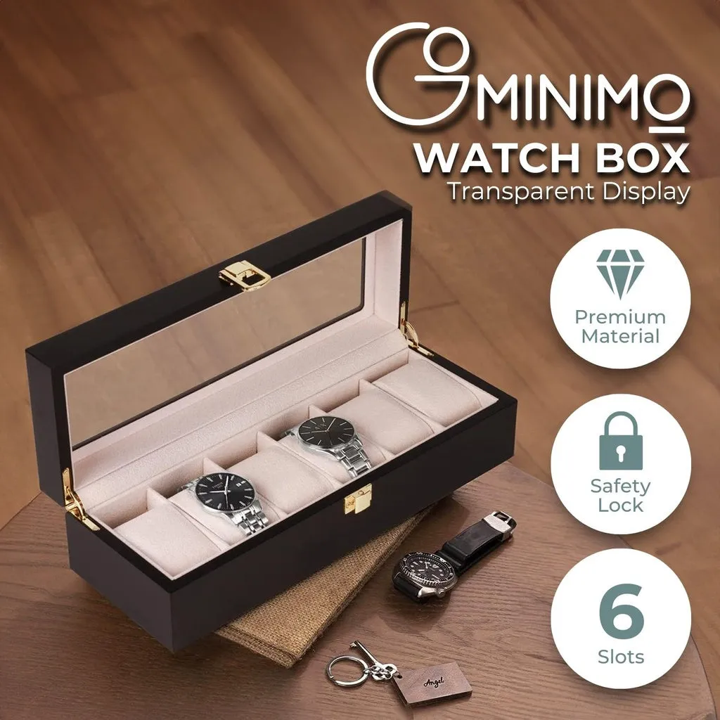 6 Slot Watch Display Box, High-Transparency Glass, Black Wood, Gominimo