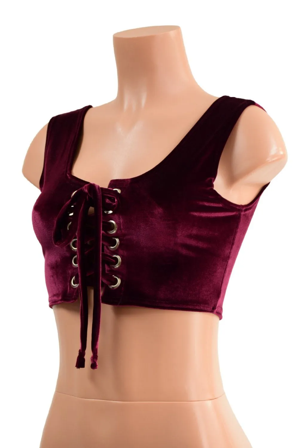 6" Mini Lace UP Front Crop Tank in Burgundy Velvet