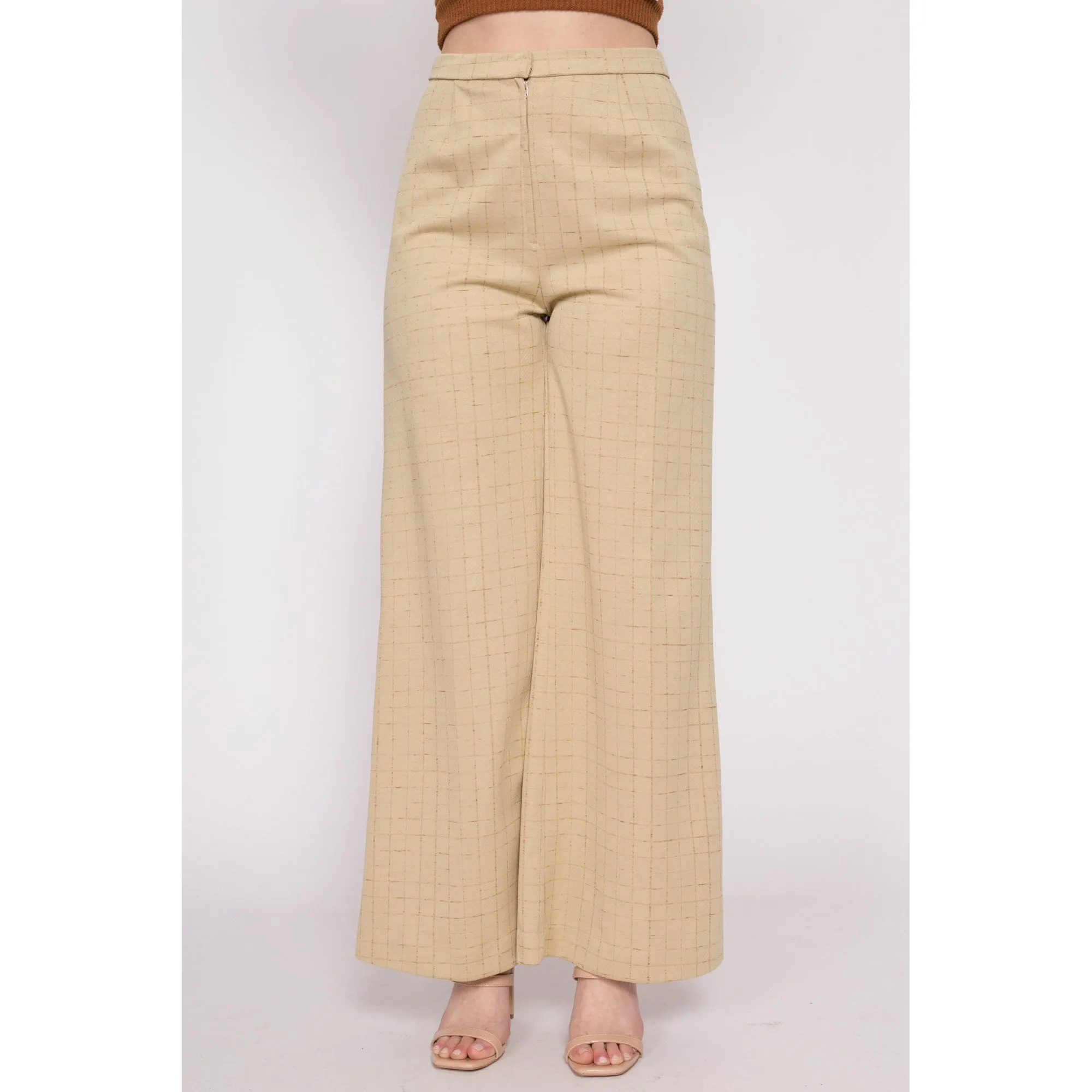 70s Tan Grid Print Wide Leg Pants - Medium, 27"-28"