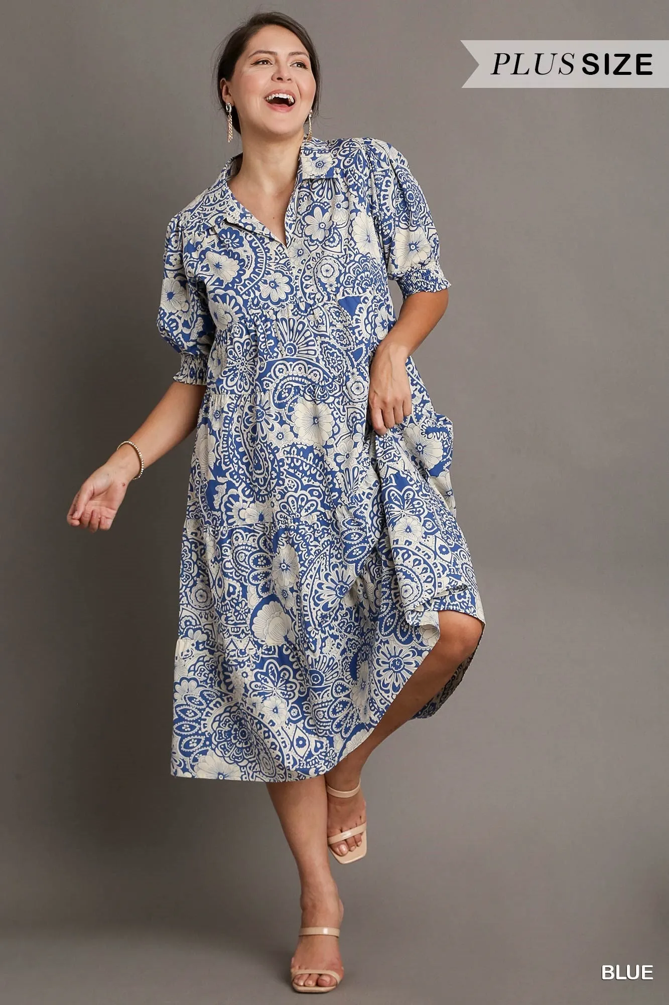 Abstract Print Midi Dress, Blue