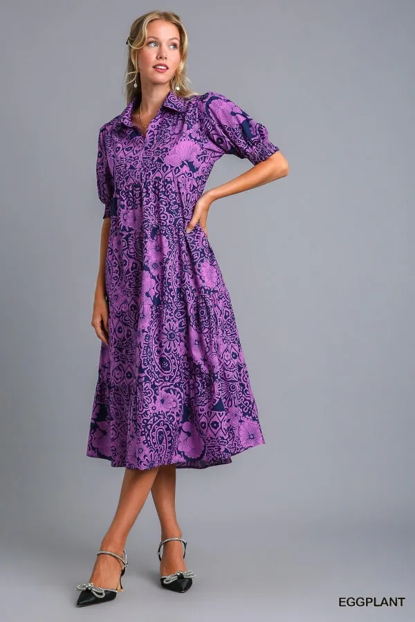 Abstract Print Midi Dress, Eggplant