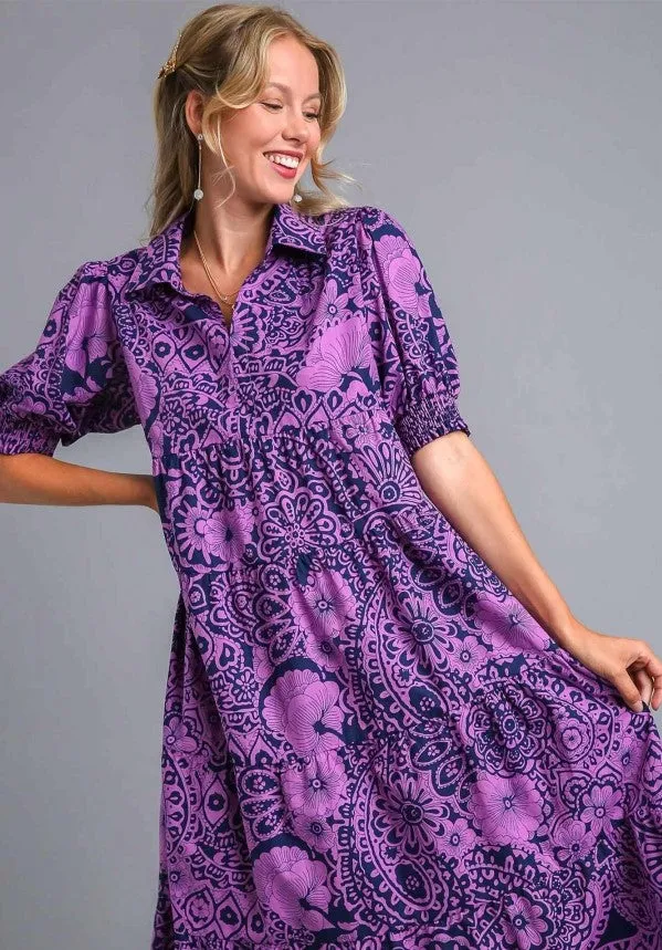 Abstract Print Midi Dress, Eggplant