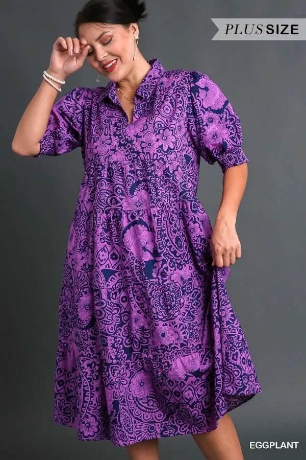 Abstract Print Midi Dress, Eggplant