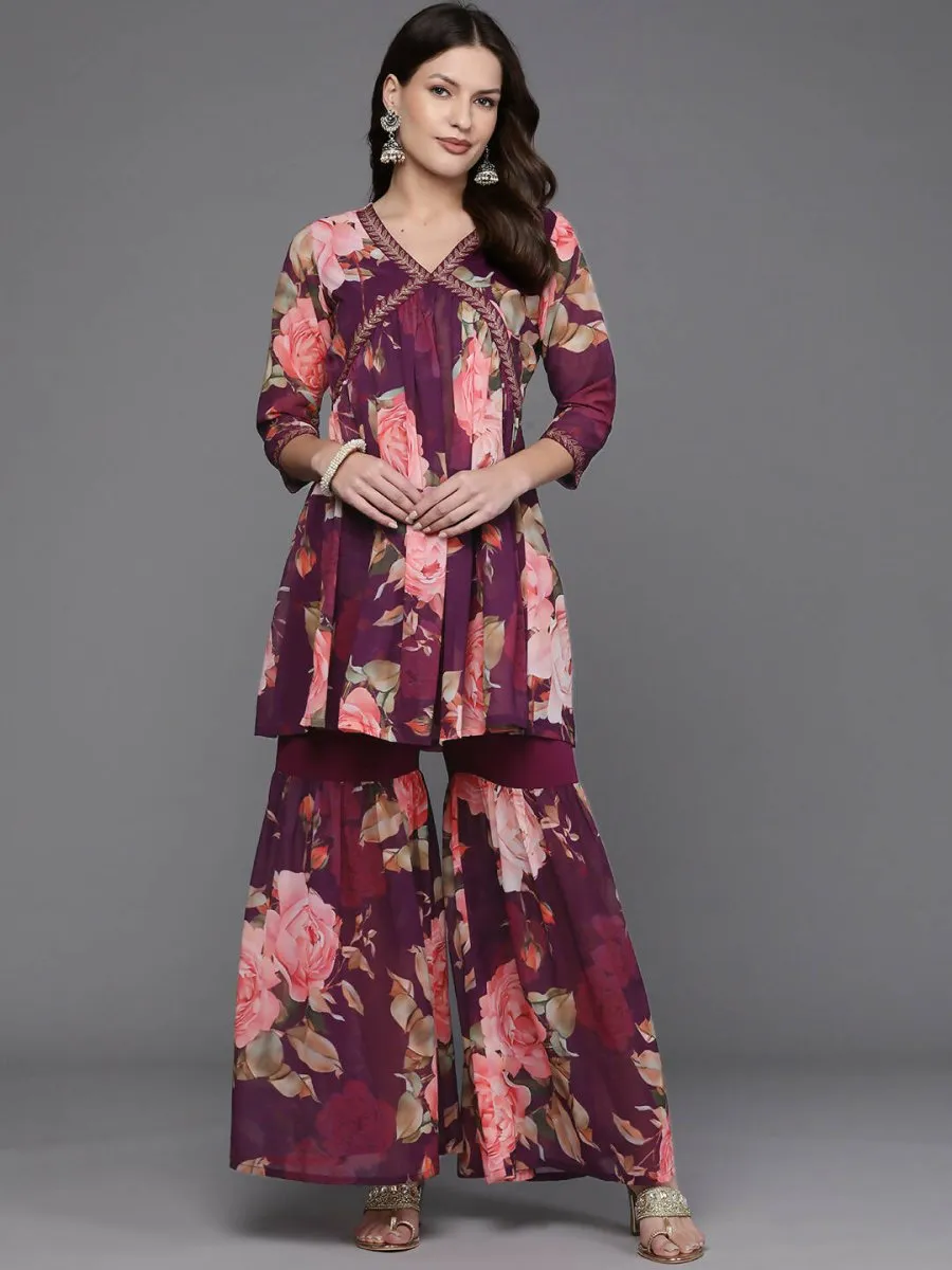 Ahalyaa Women Floral Printed Tunic with Sharara - Black Color