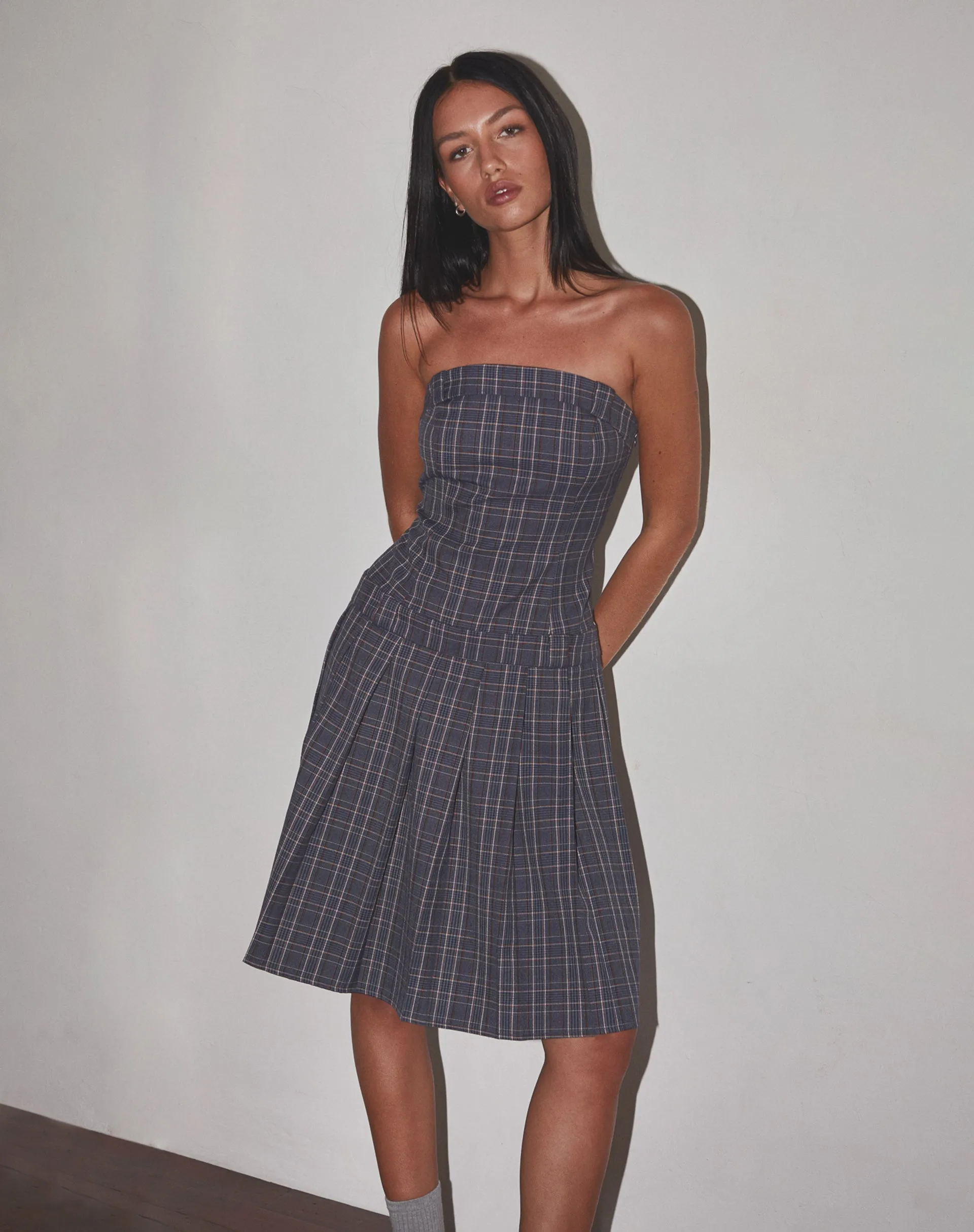 Aldari Bandeau Midi Dress Tailoring Navy Check