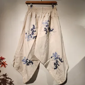 All Blue Flowers Natural Elastic Waist Samurai Pants