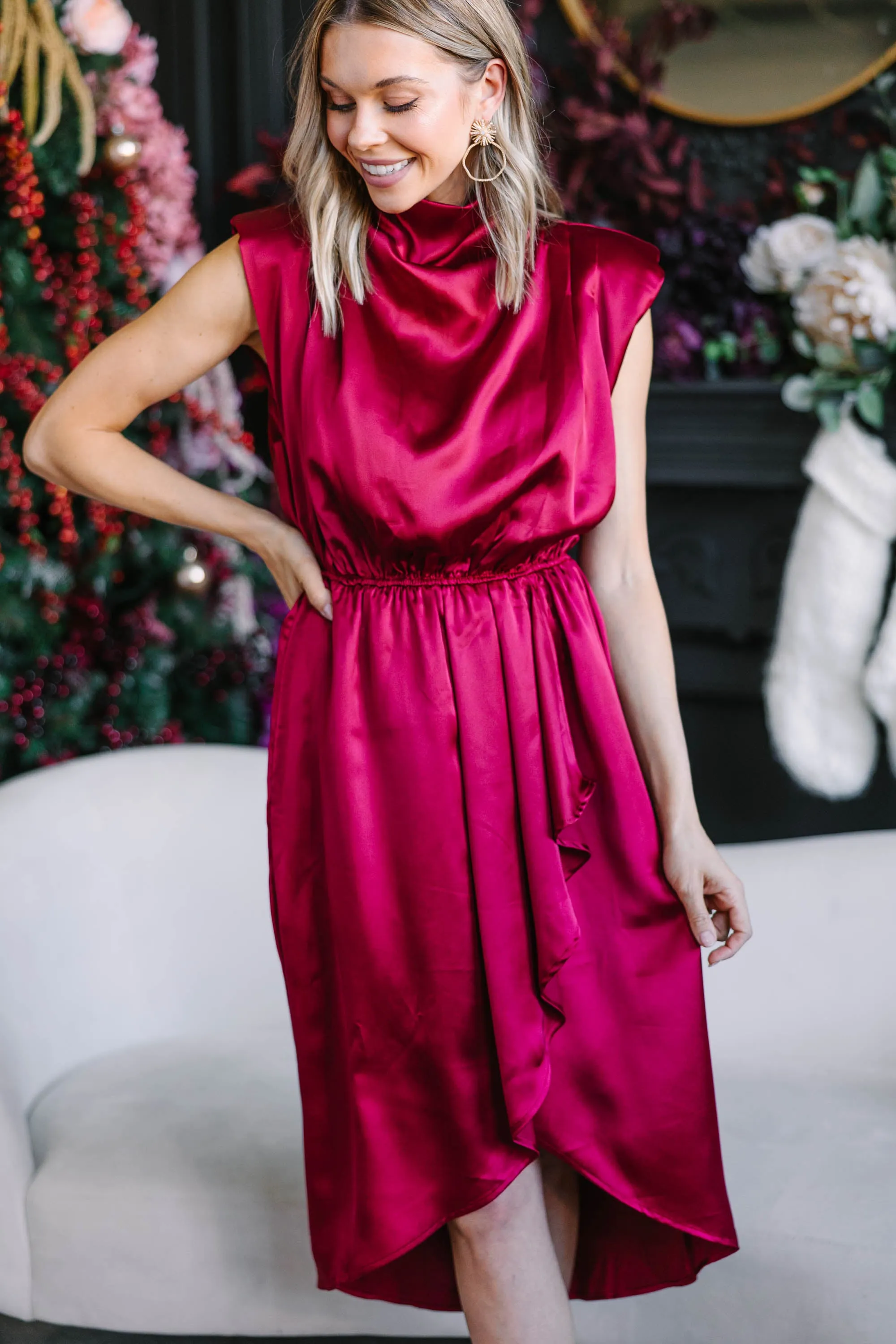 All Eyes On You Ruby Red Satin Midi Dress