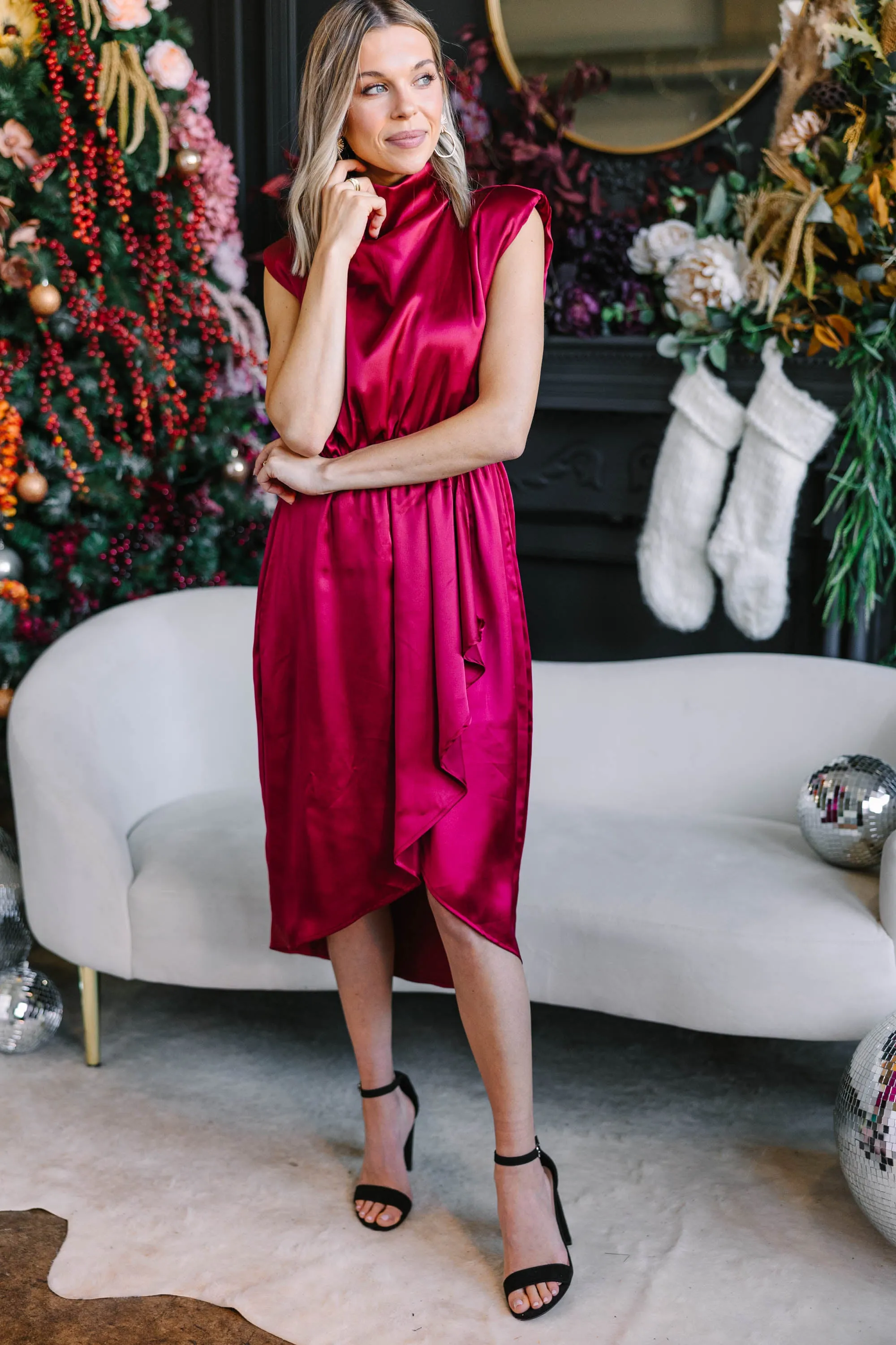 All Eyes On You Ruby Red Satin Midi Dress