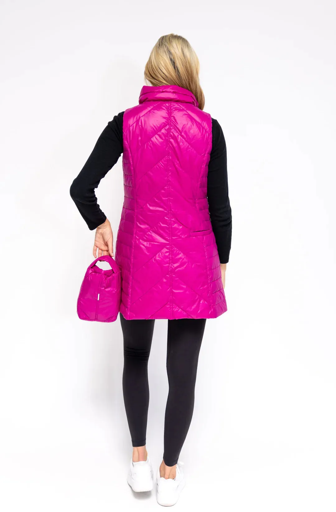 Anorak Chevron Quilted Long Vest Hot Pink