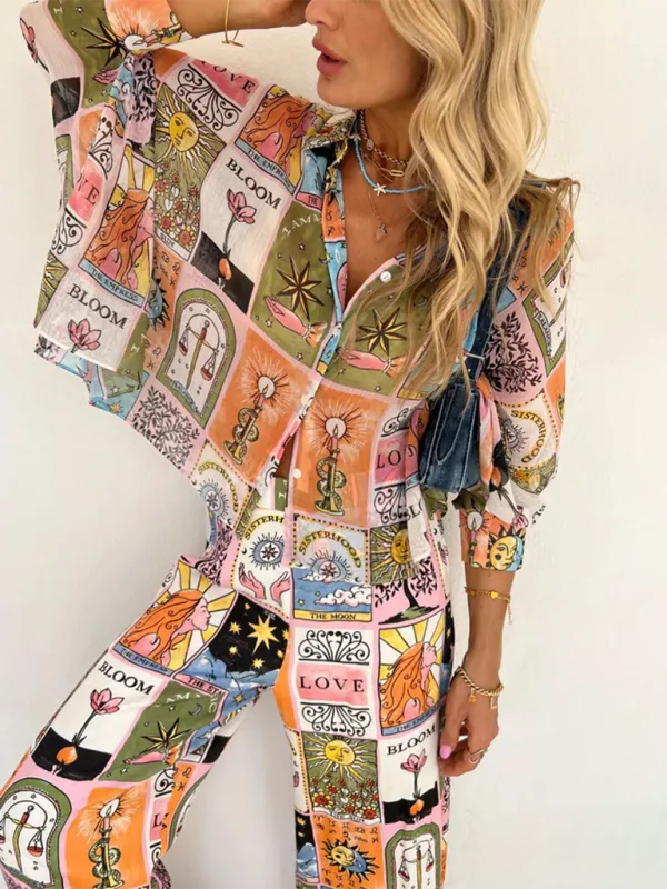 Artistic Escape Women's Summer Vacay Art Print Shirt & Pants Set