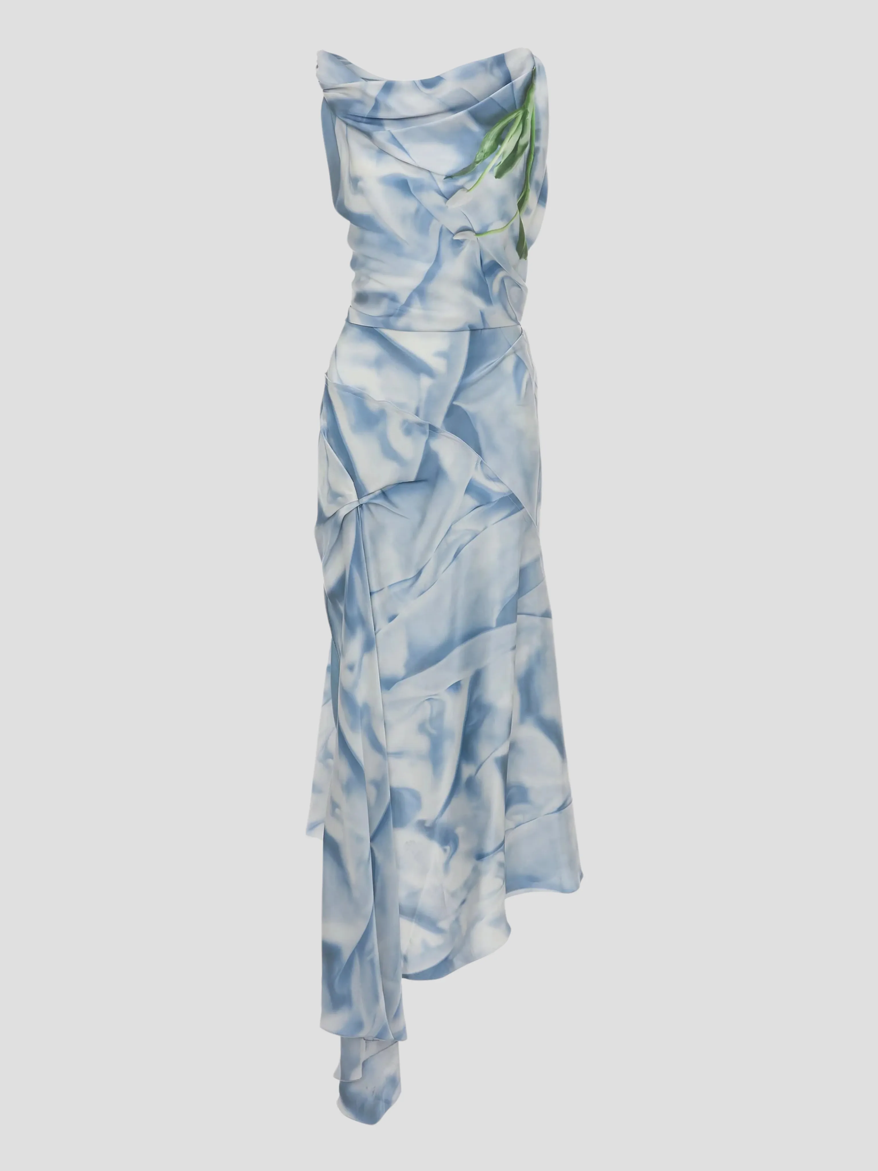 Asymm Draped Midi Dress in Ice Blue Flower Print