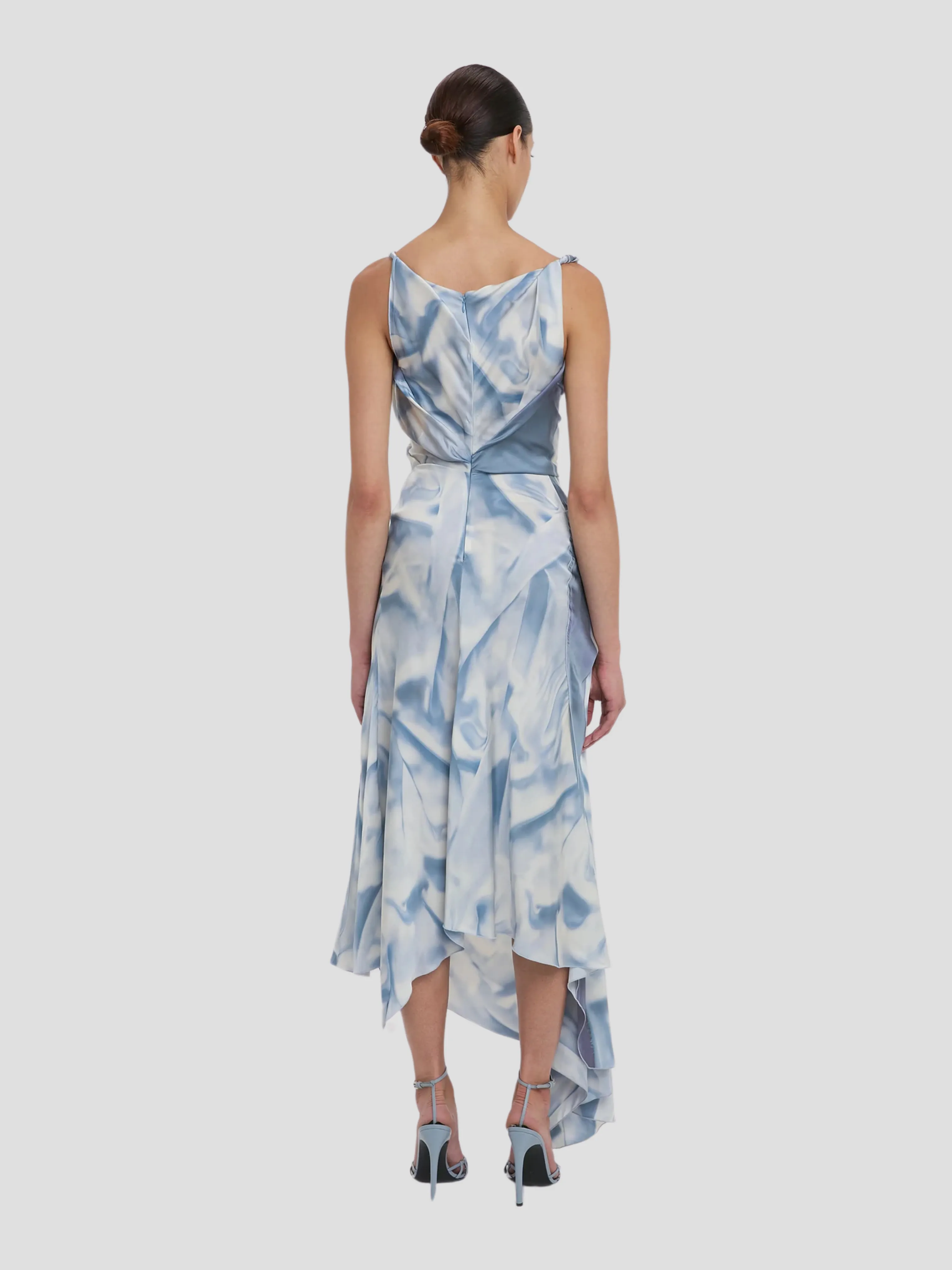 Asymm Draped Midi Dress in Ice Blue Flower Print