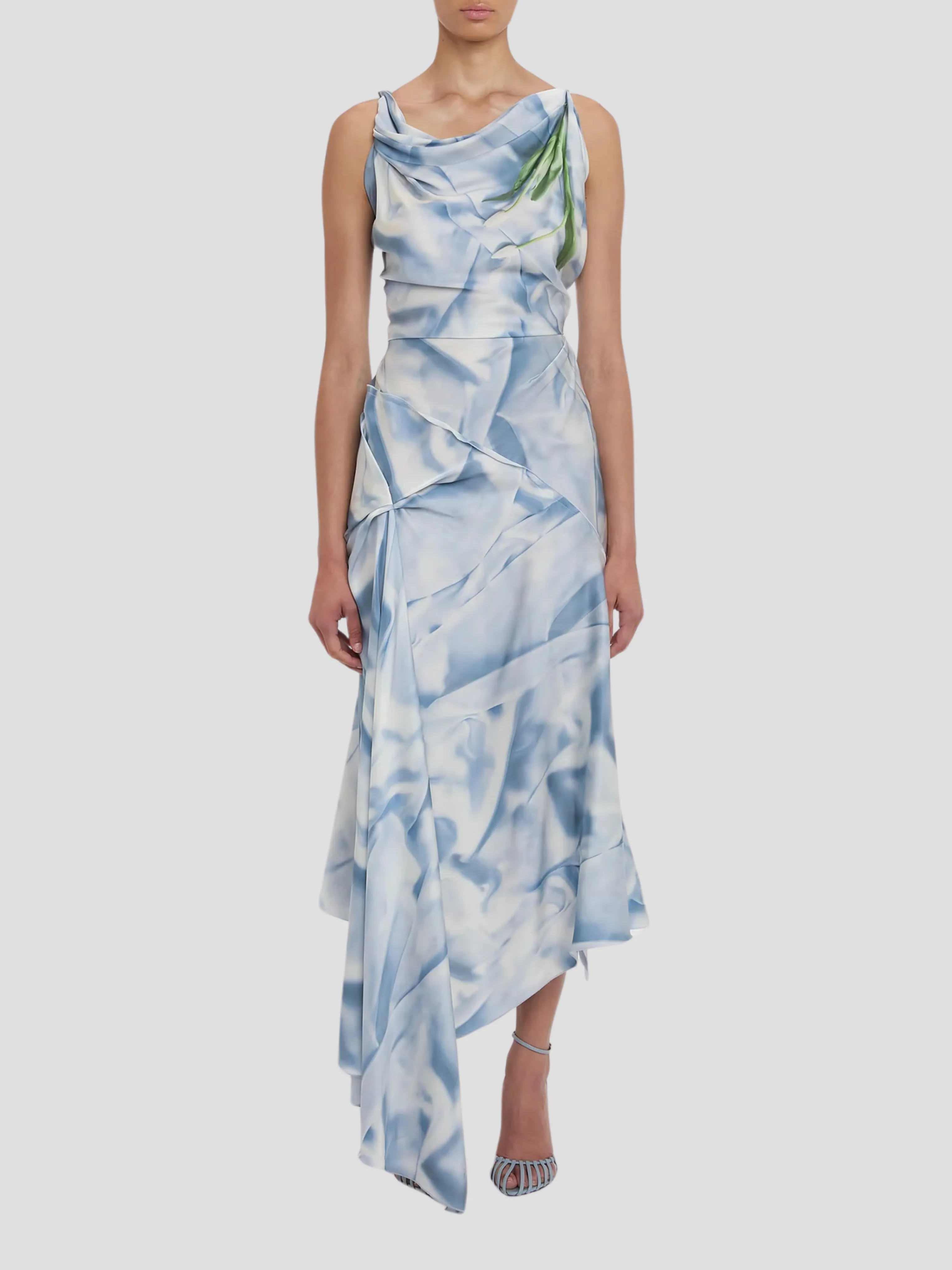 Asymm Draped Midi Dress in Ice Blue Flower Print