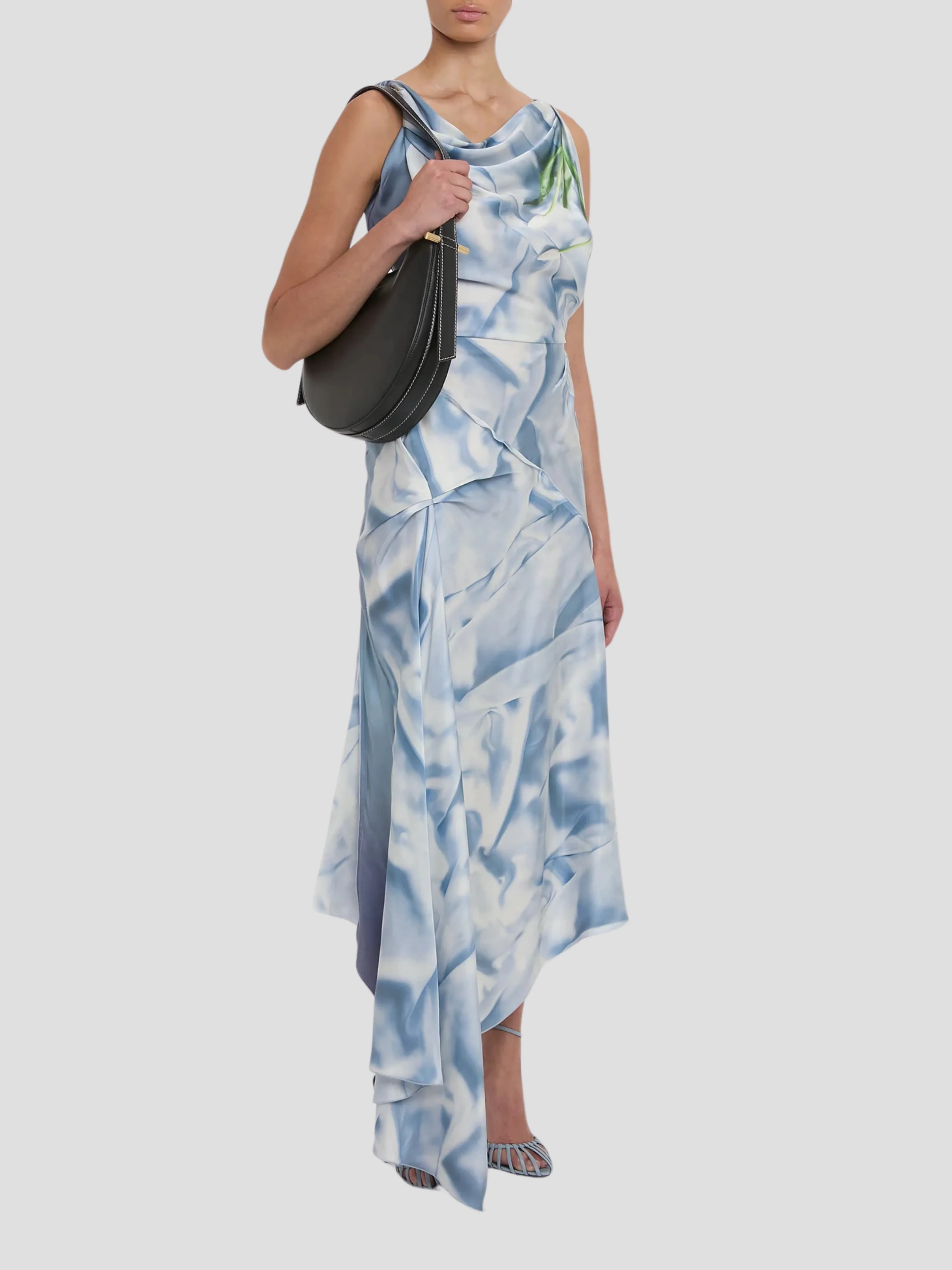 Asymm Draped Midi Dress in Ice Blue Flower Print