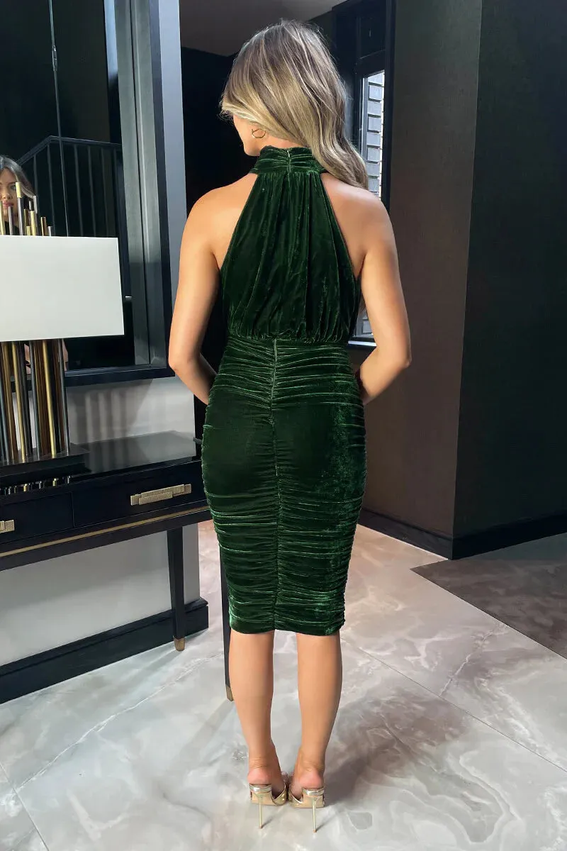 AX PARIS GREEN VELVET HALTER NECK MIDI DRESS