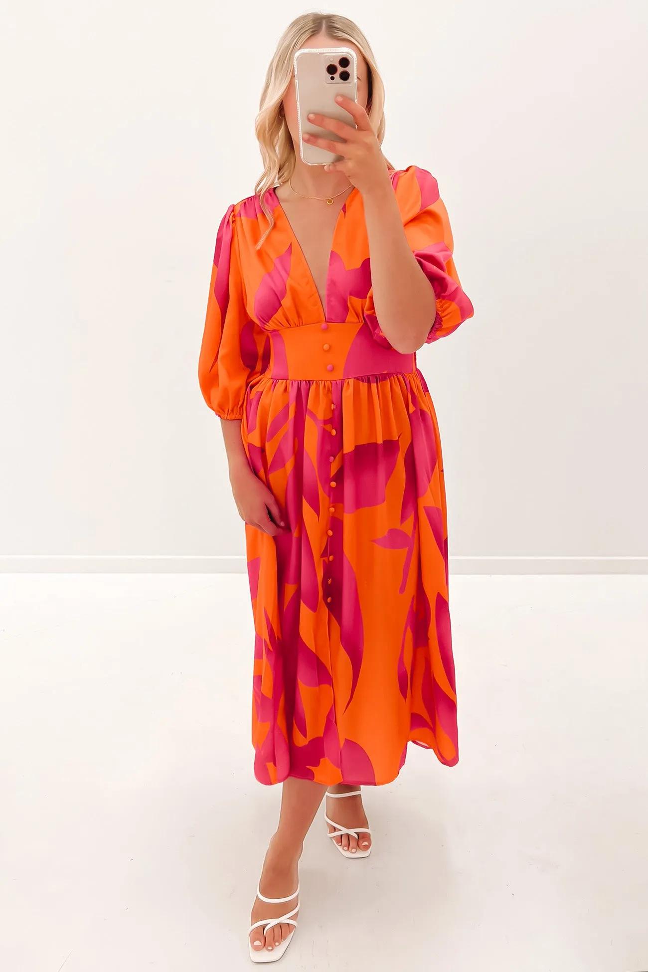 Ayva Midi Dress Orange Hot Pink