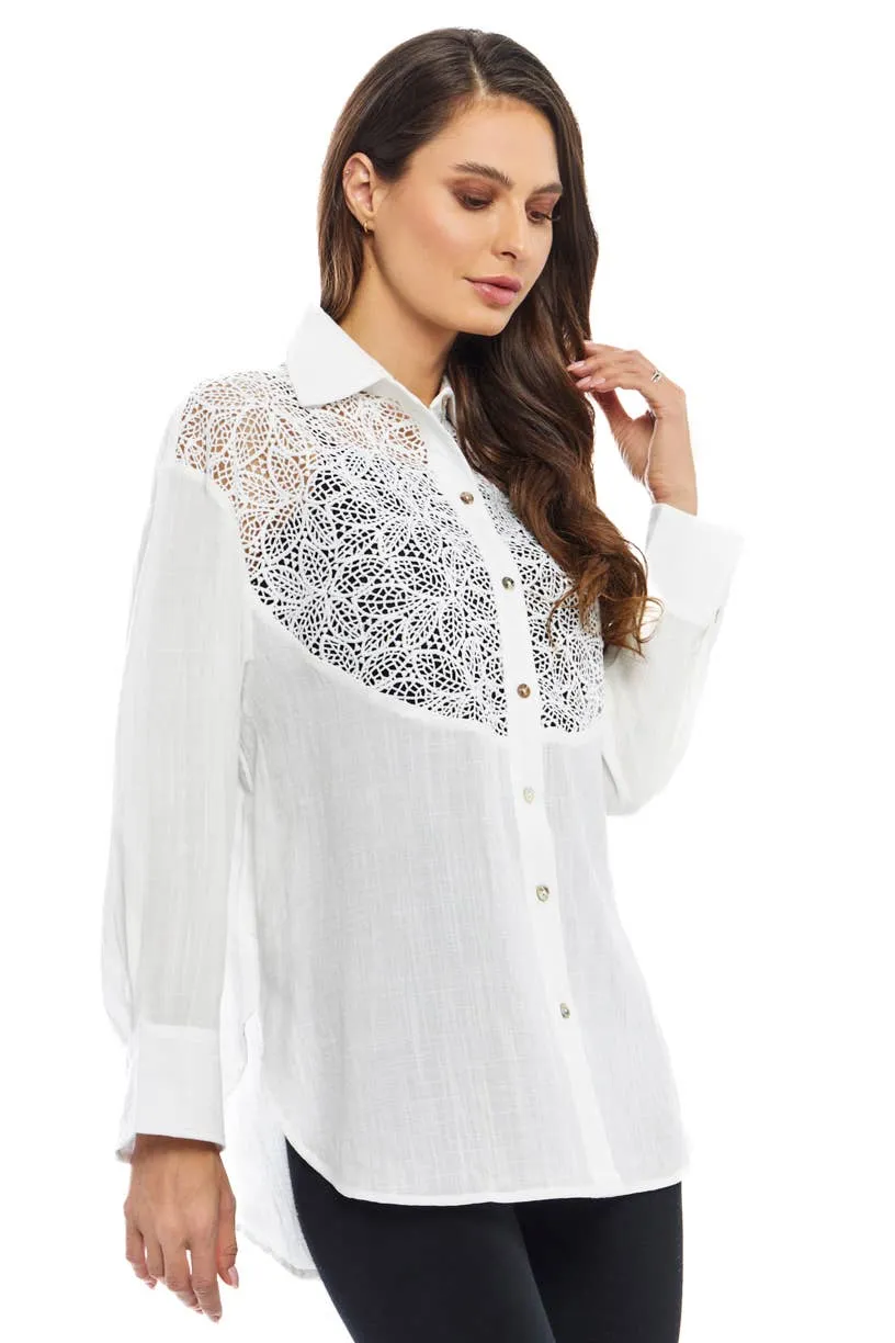 B3624 White Button Down Top with Lace