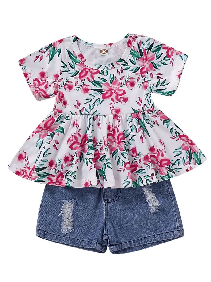 Baby Girl 2-Piece Outfit Flower Tunic Matching Ripped Short Jeans