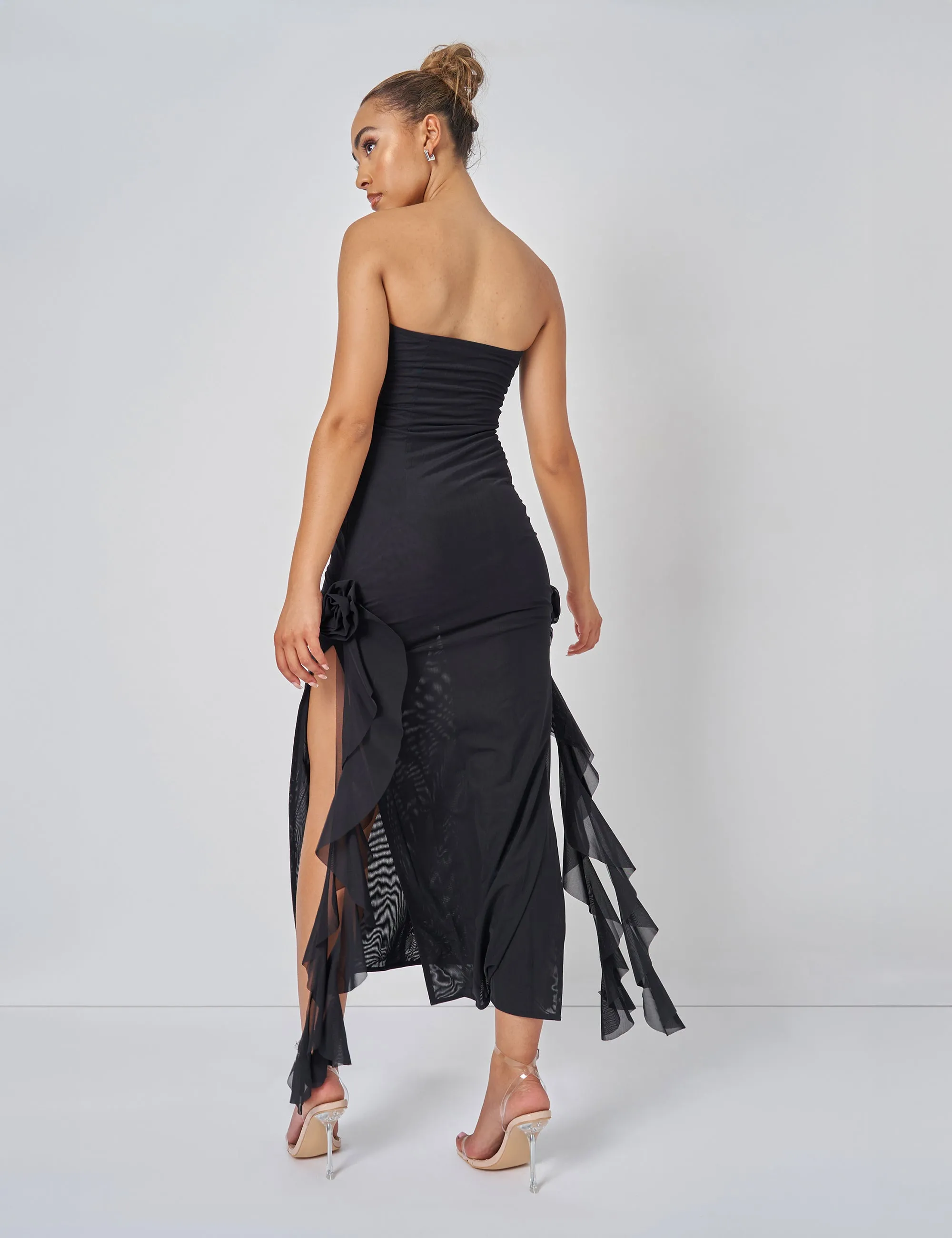 Bandeau Ruffle Detail Midi Dress Black