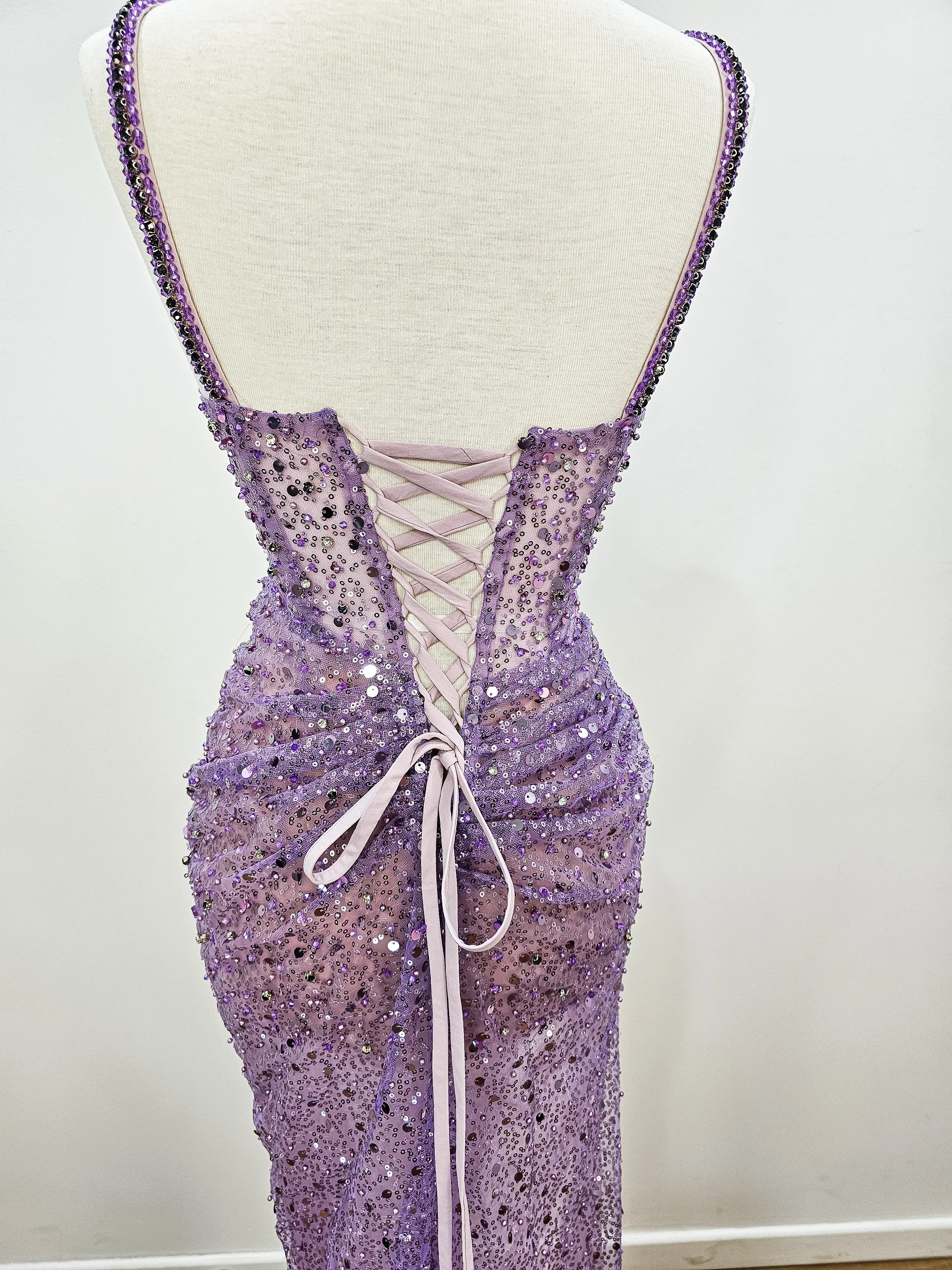 Beaded purple bustier cup dress with lace up back