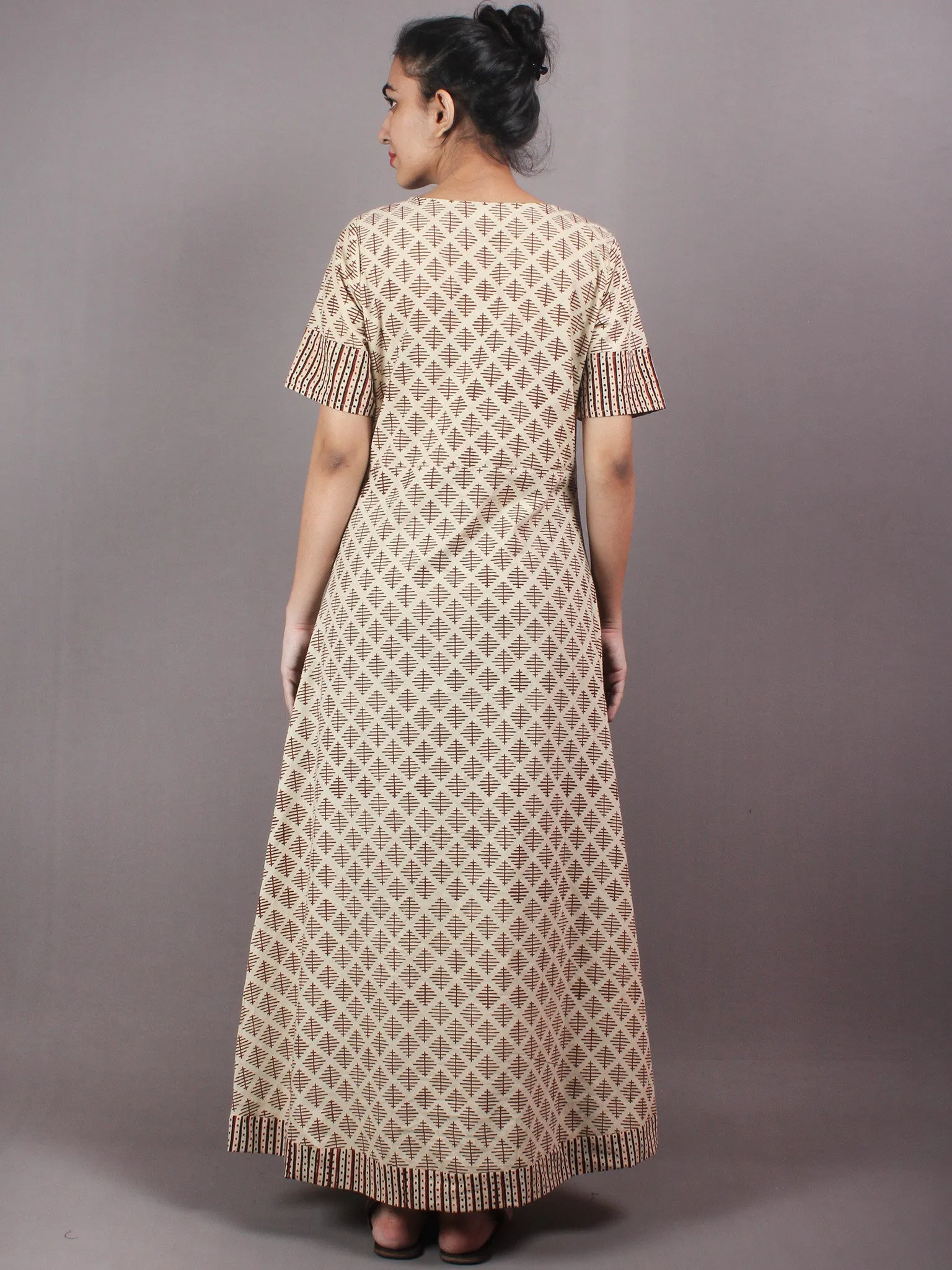 Beige Brown Black Hand Block Printed Long Cotton Dress With Front Slit - D0435001