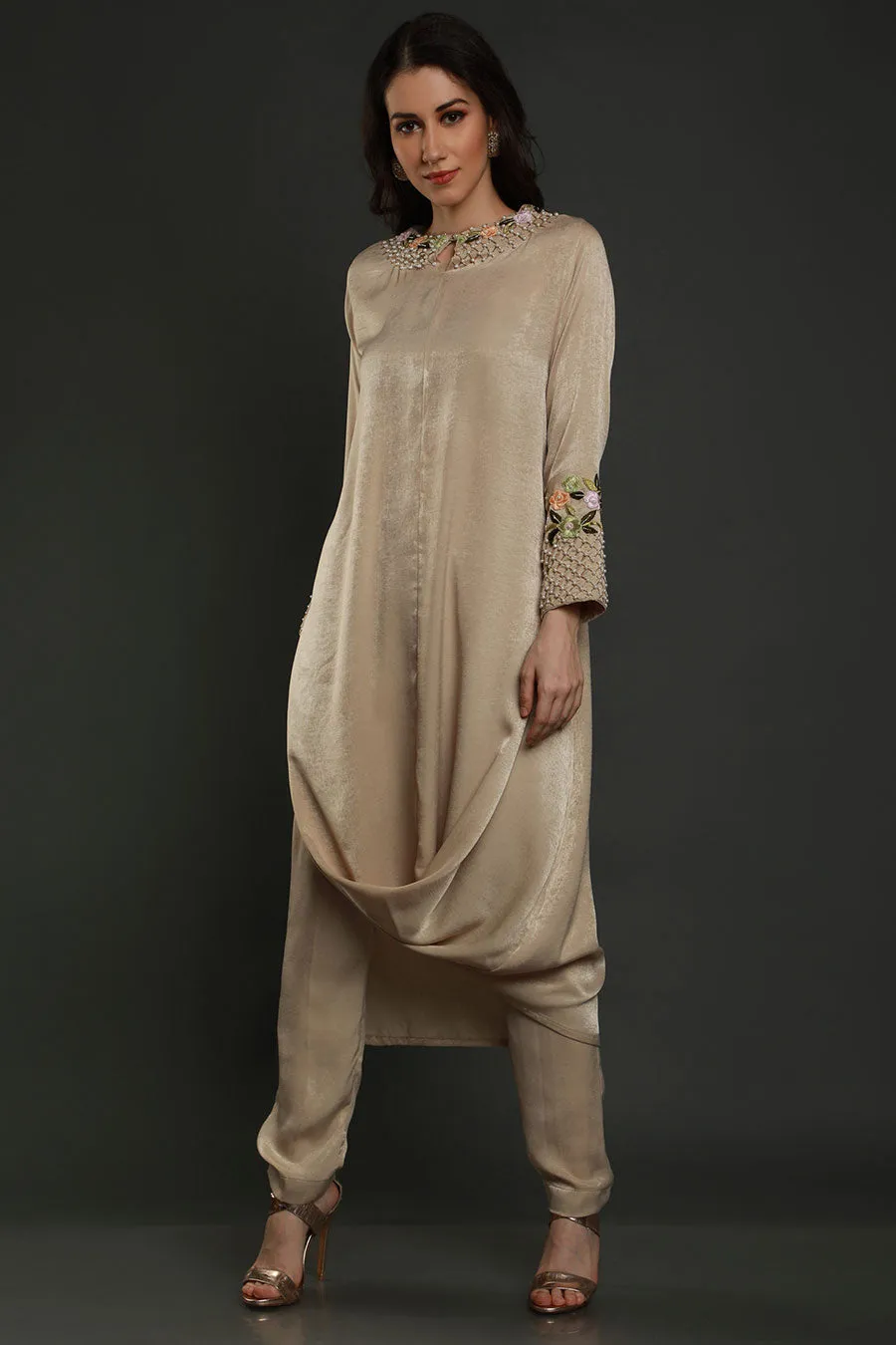 Beige Embroidered Drape Tunic & Pants Set