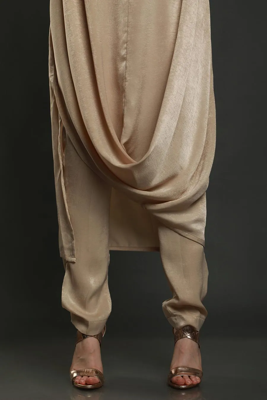 Beige Embroidered Drape Tunic & Pants Set