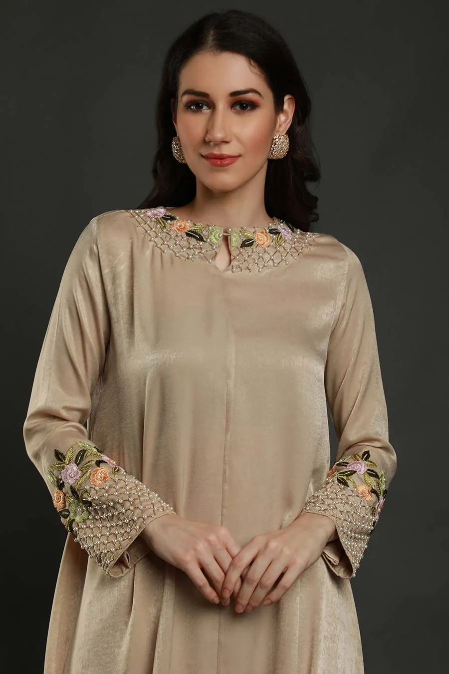 Beige Embroidered Drape Tunic & Pants Set