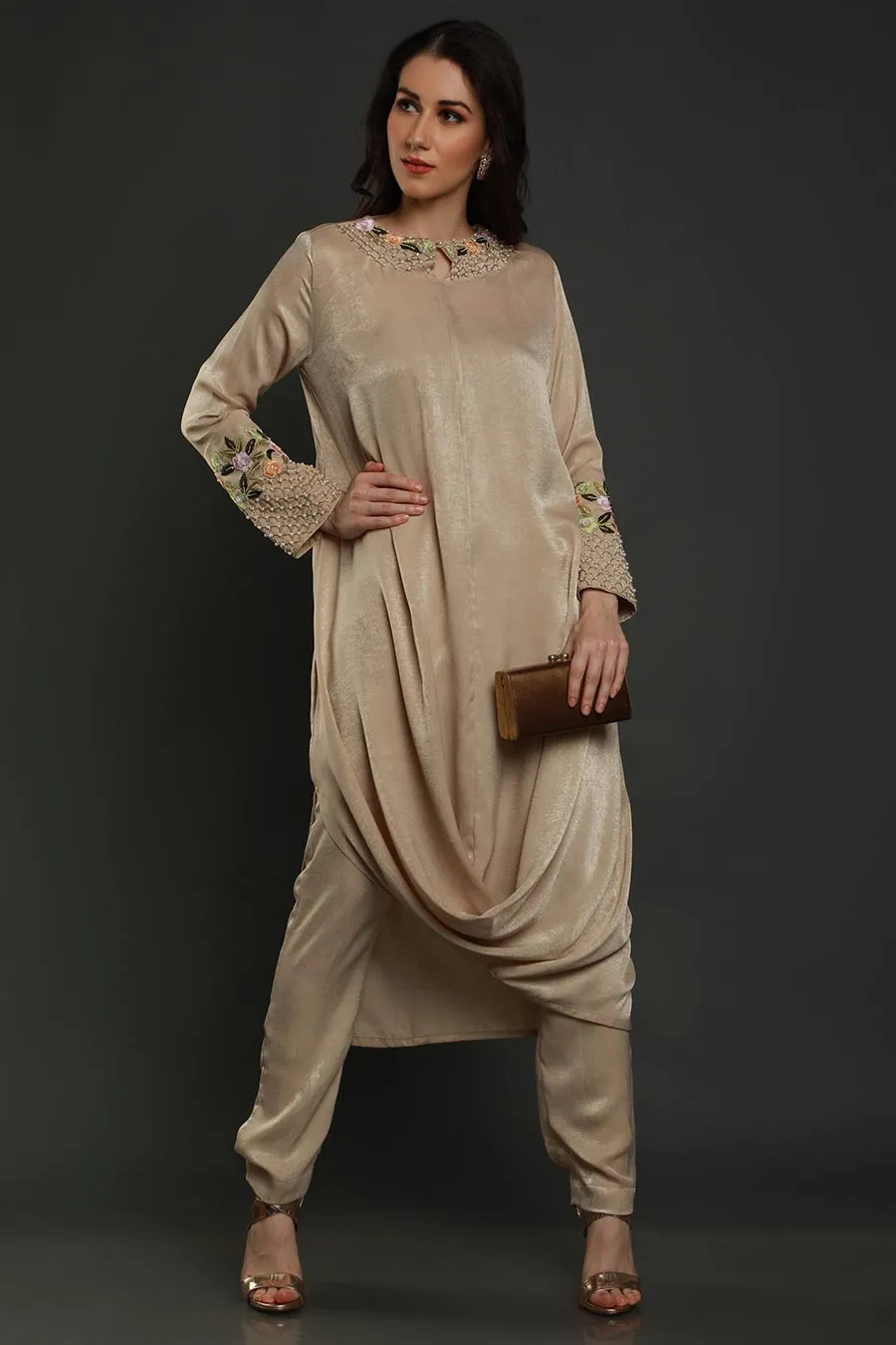 Beige Embroidered Drape Tunic & Pants Set