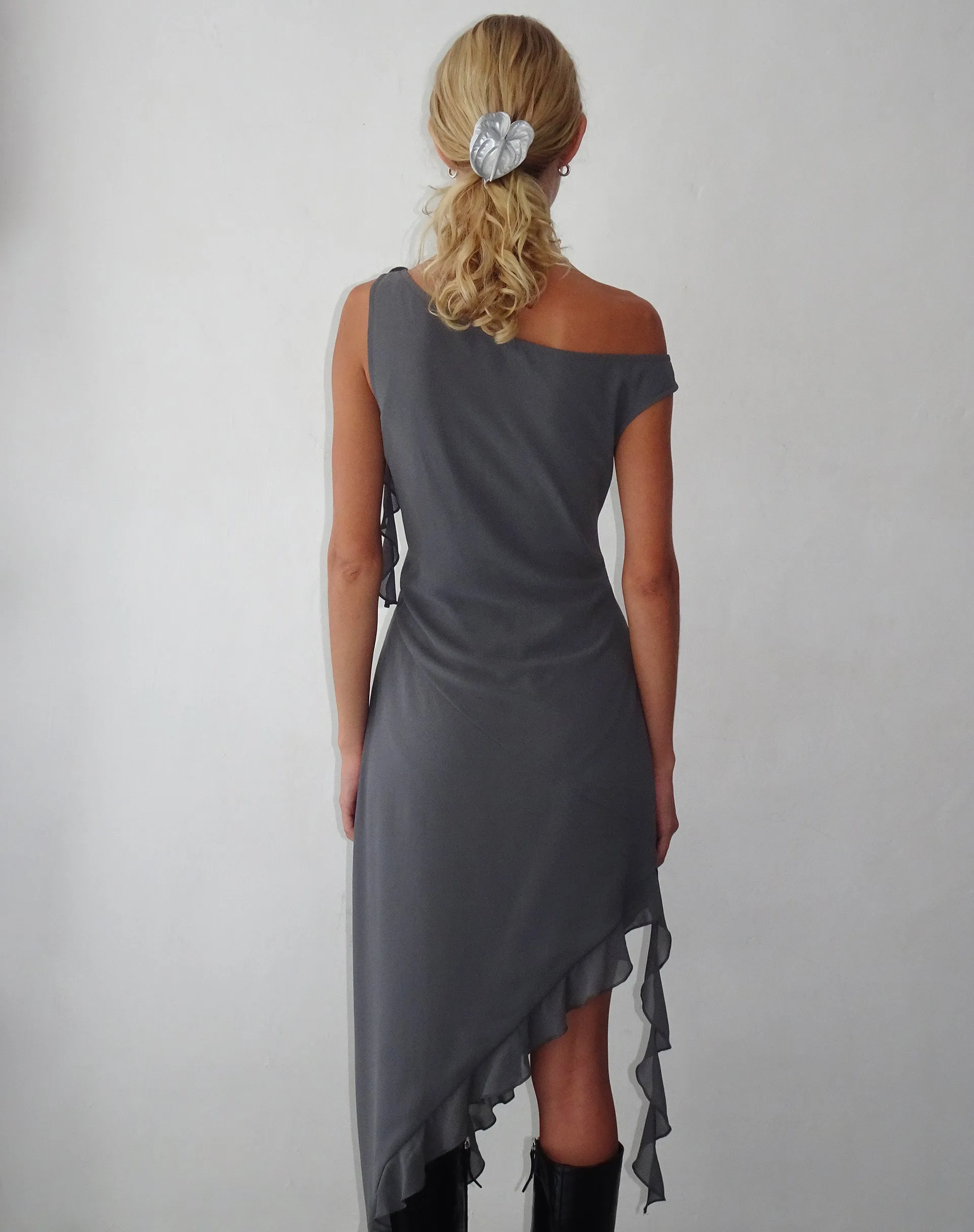 Beleri Ruffle Asymmetric Dress in Grey Chiffon