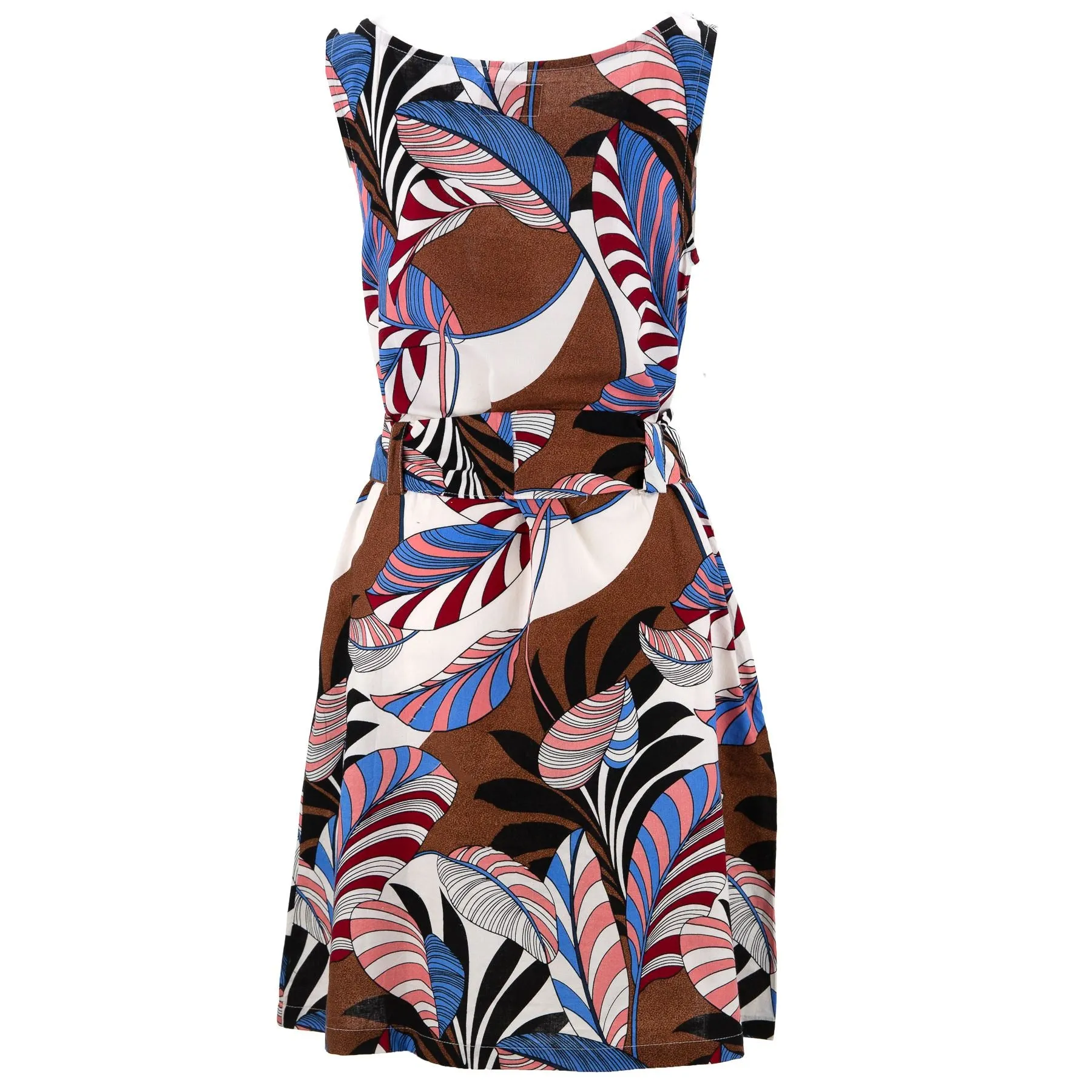 Belted Dress - Blue Tropical Leaf