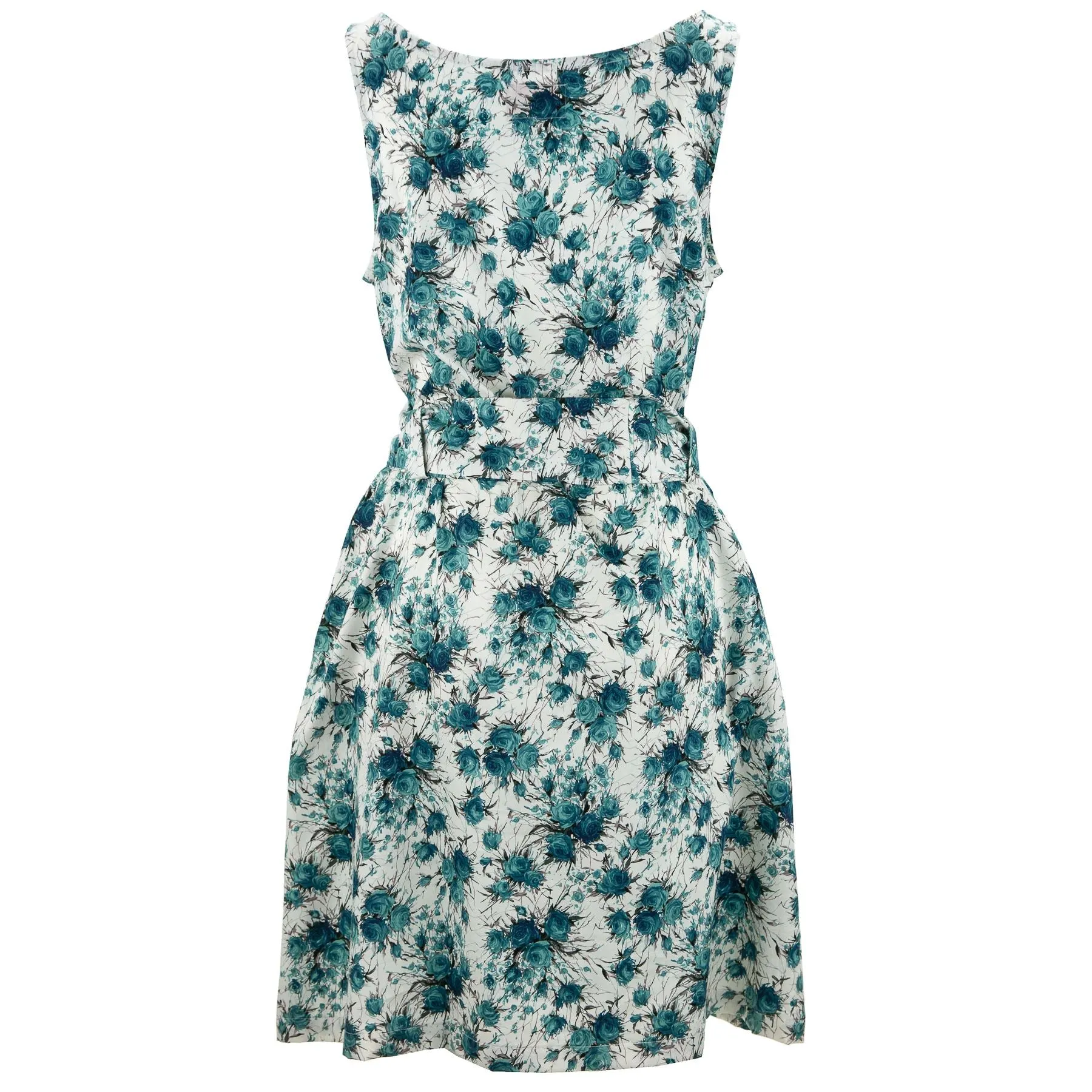 Belted Dress - Rose Bunch Teal