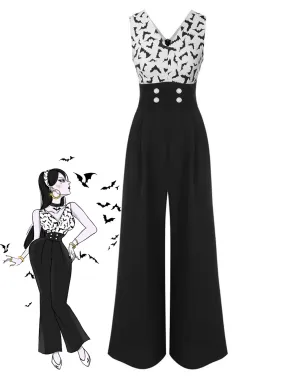 Black 1930s Halloween Bat Patchwork Jumpsuit