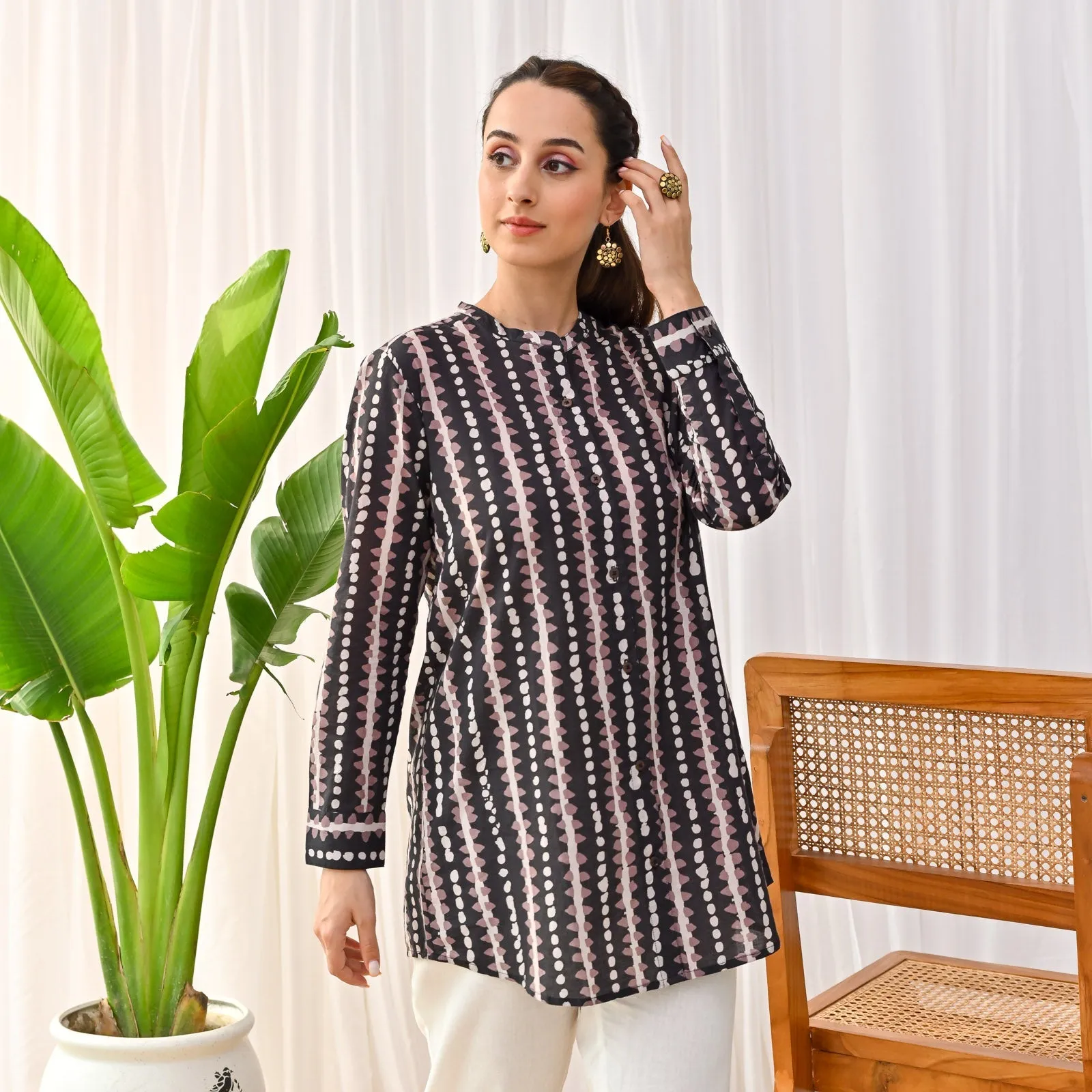 Black Cotton Stone Printed Ethnic Shirt