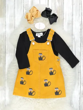 Black Long Sleeve & Denim Cat Pocket Overall Set