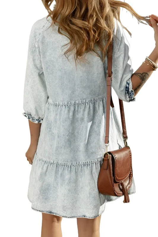 Blue Acid Wash Patchwork Denim Fit & Flare Midi Dress for Women - Retro Style