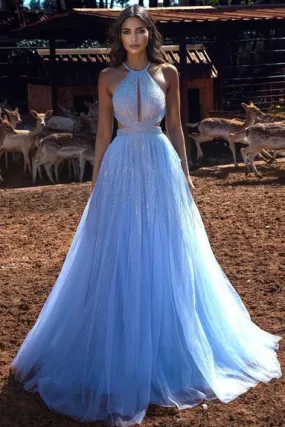 BLUE HALTER BEADINGS LONG PROM DRESS TULLE EVENING PARTY GOWNS     fg606