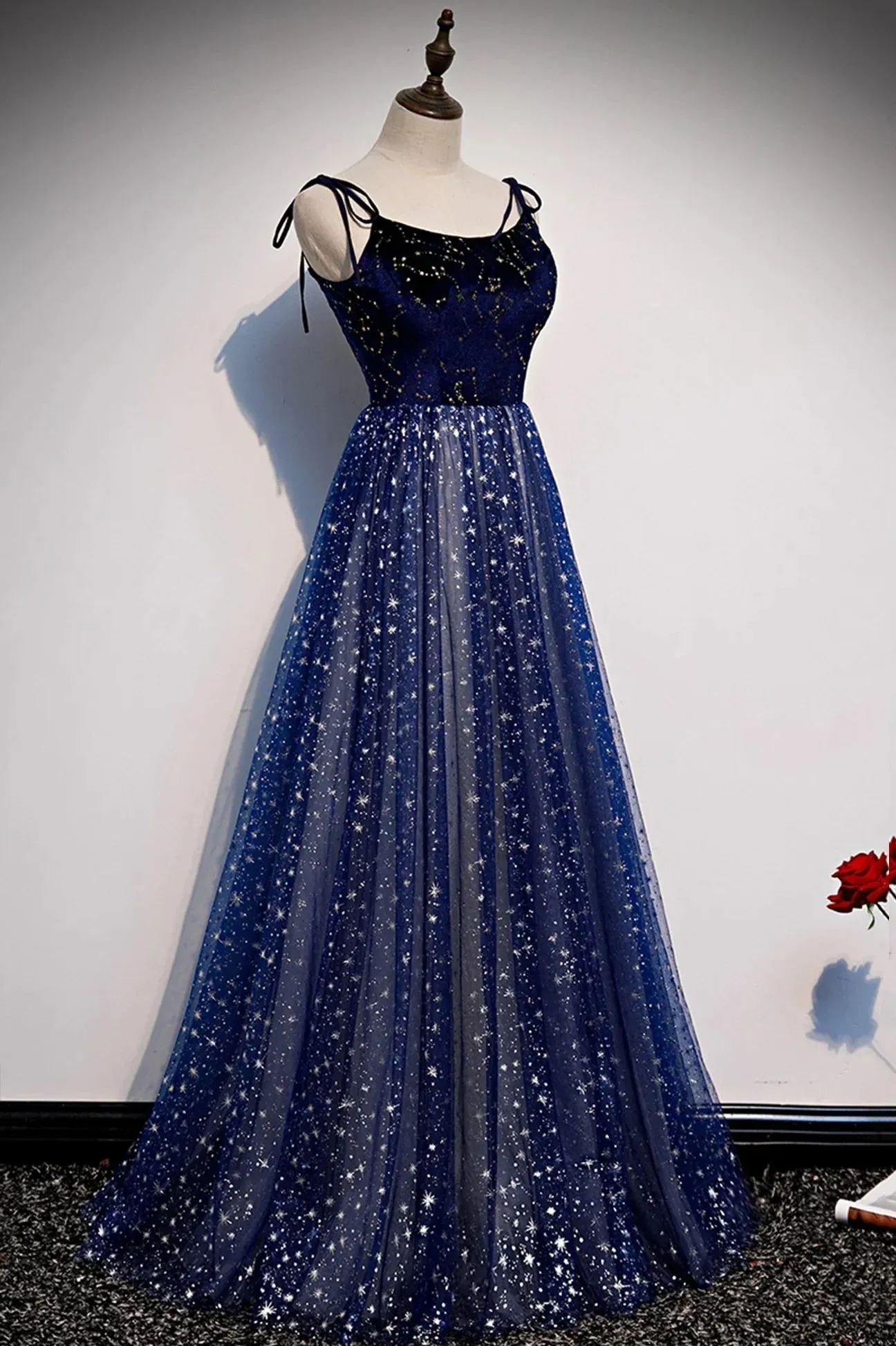 Blue Velvet Tulle Long Prom Dress, A-Line Evening Party Dress