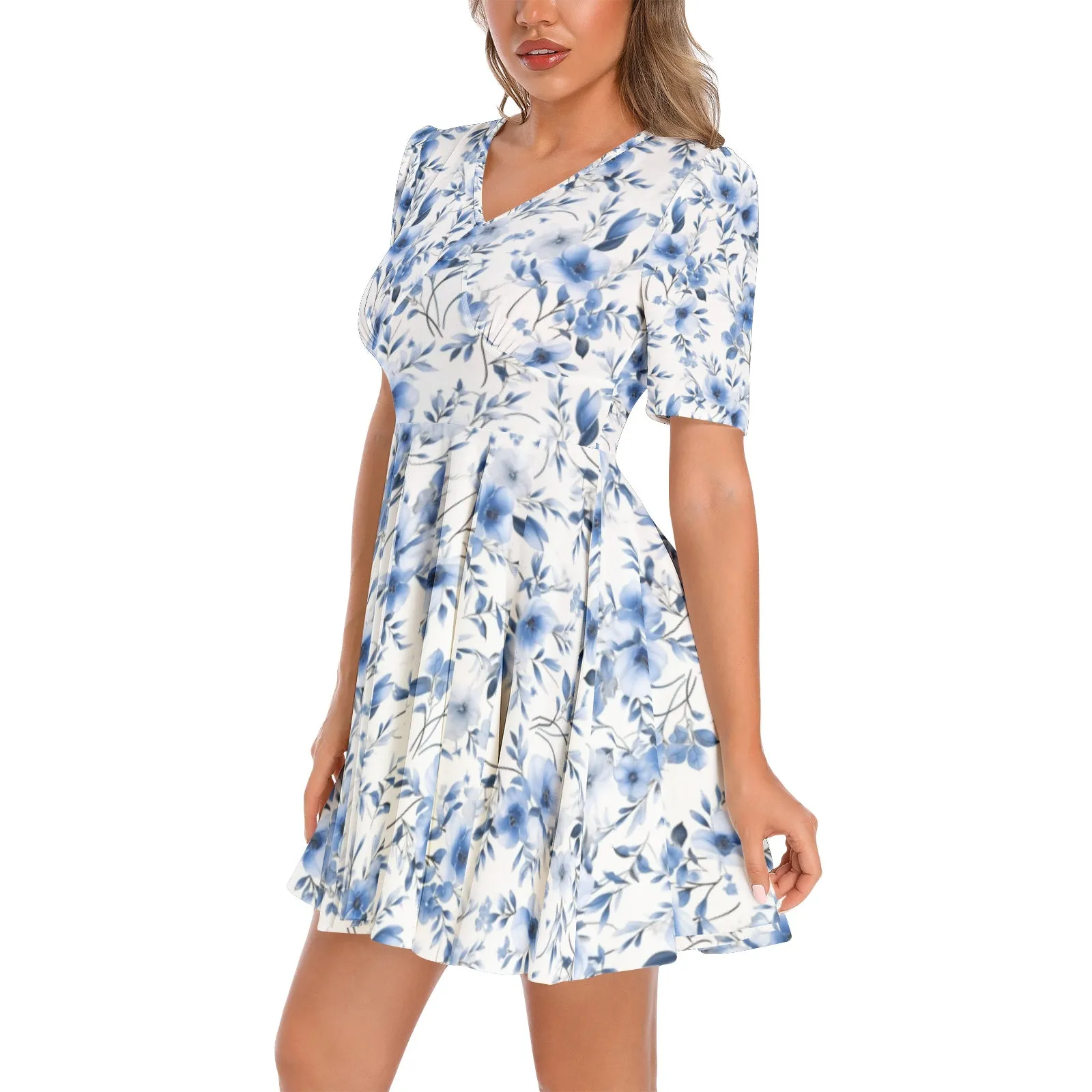 Blue White Floral Fit and Flare Hem Midi Dress Women, Flowers V Neck Short Sleeve Ruched Bust Print Summer Cocktail Party Ladies Sexy Casual