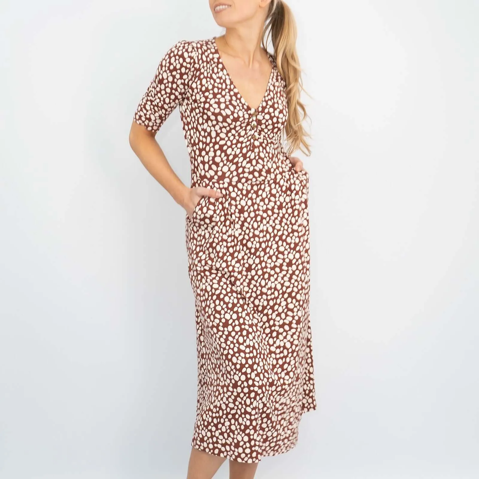 Boden Alberta Short Sleeve Jersey Pebbles Print Midi Dress