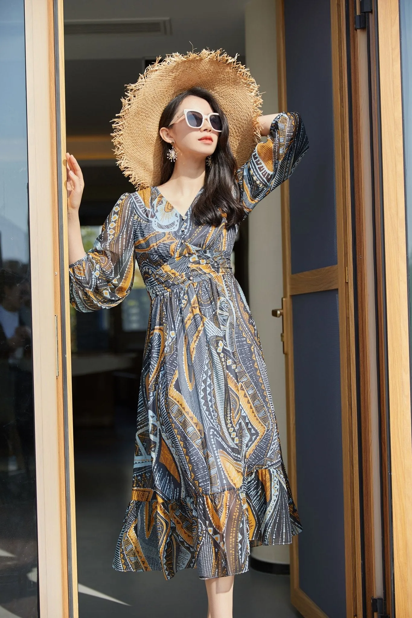 Bohemian V Neck High Waist Maxi Dress